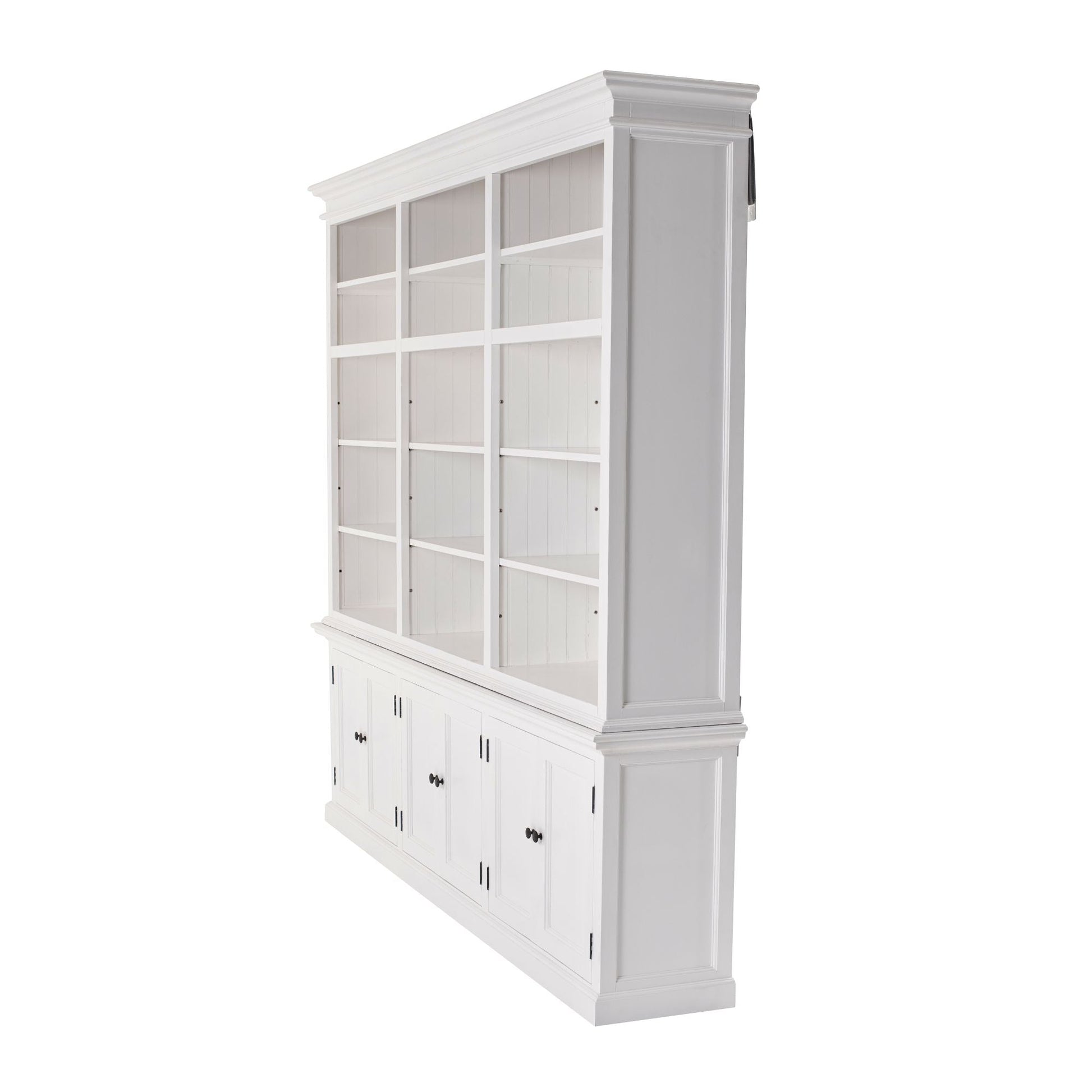 https://kitchenoasis.com/cdn/shop/files/NovaSolo-Halifax-94-Classic-White-Mahogany-Triple-Bay-Hutch-Cabinet-With-6-Doors-15-Shelves-2.jpg?v=1685854432&width=1946