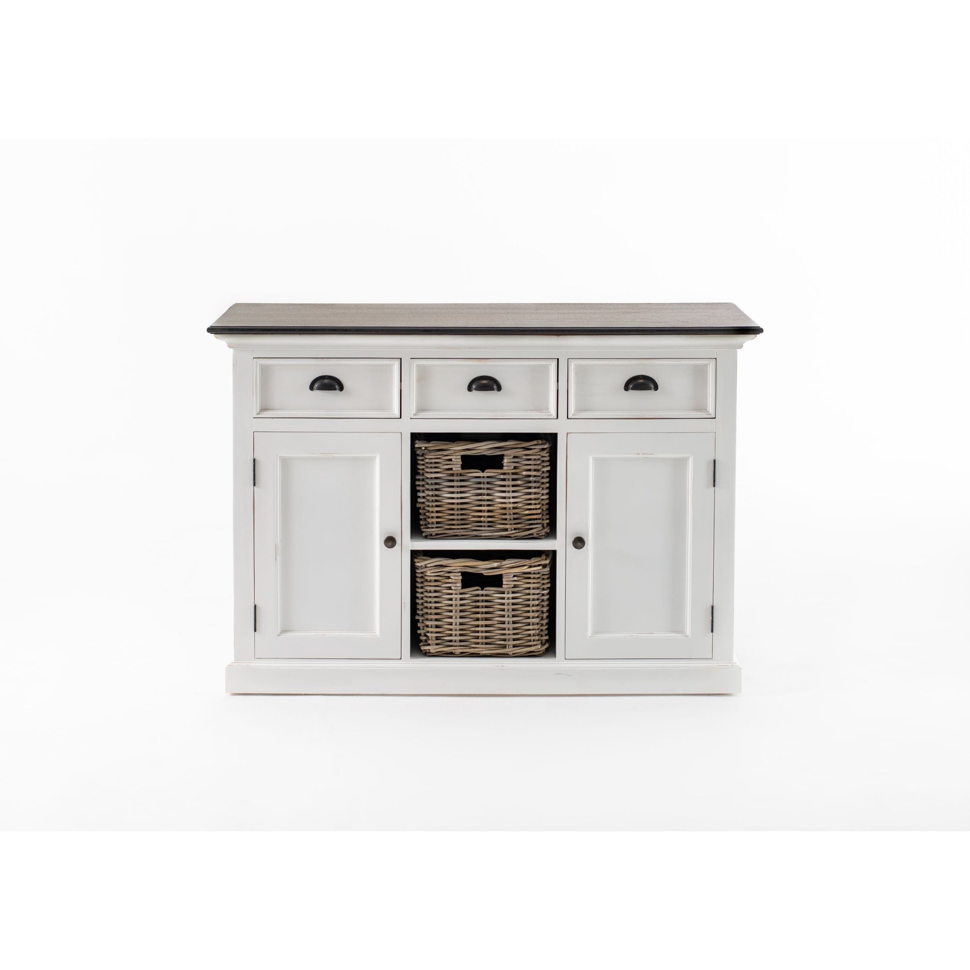 NovaSolo Halifax Accent 49" White & Brown Mahogany Buffet With 3 Drawers & 2 Rattan Baskets