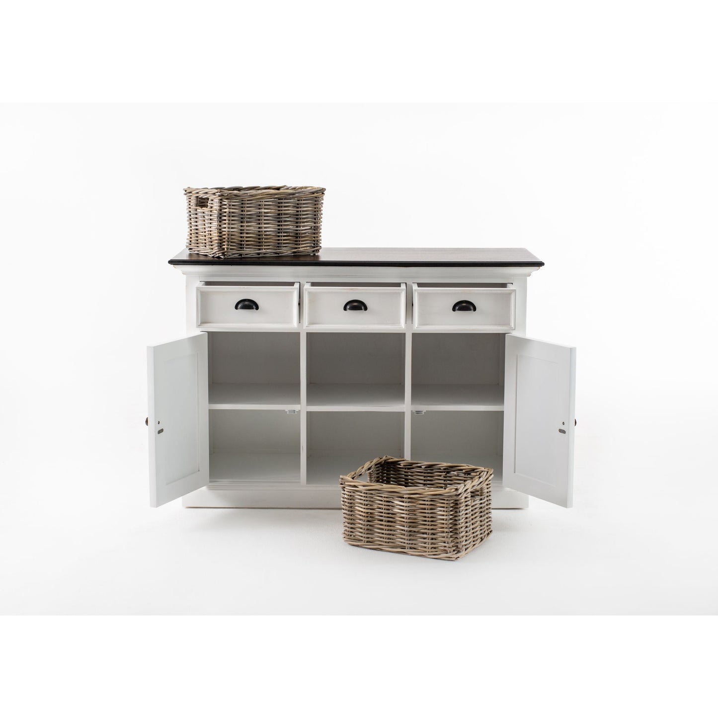 NovaSolo Halifax Accent 49" White & Brown Mahogany Buffet With 3 Drawers & 2 Rattan Baskets