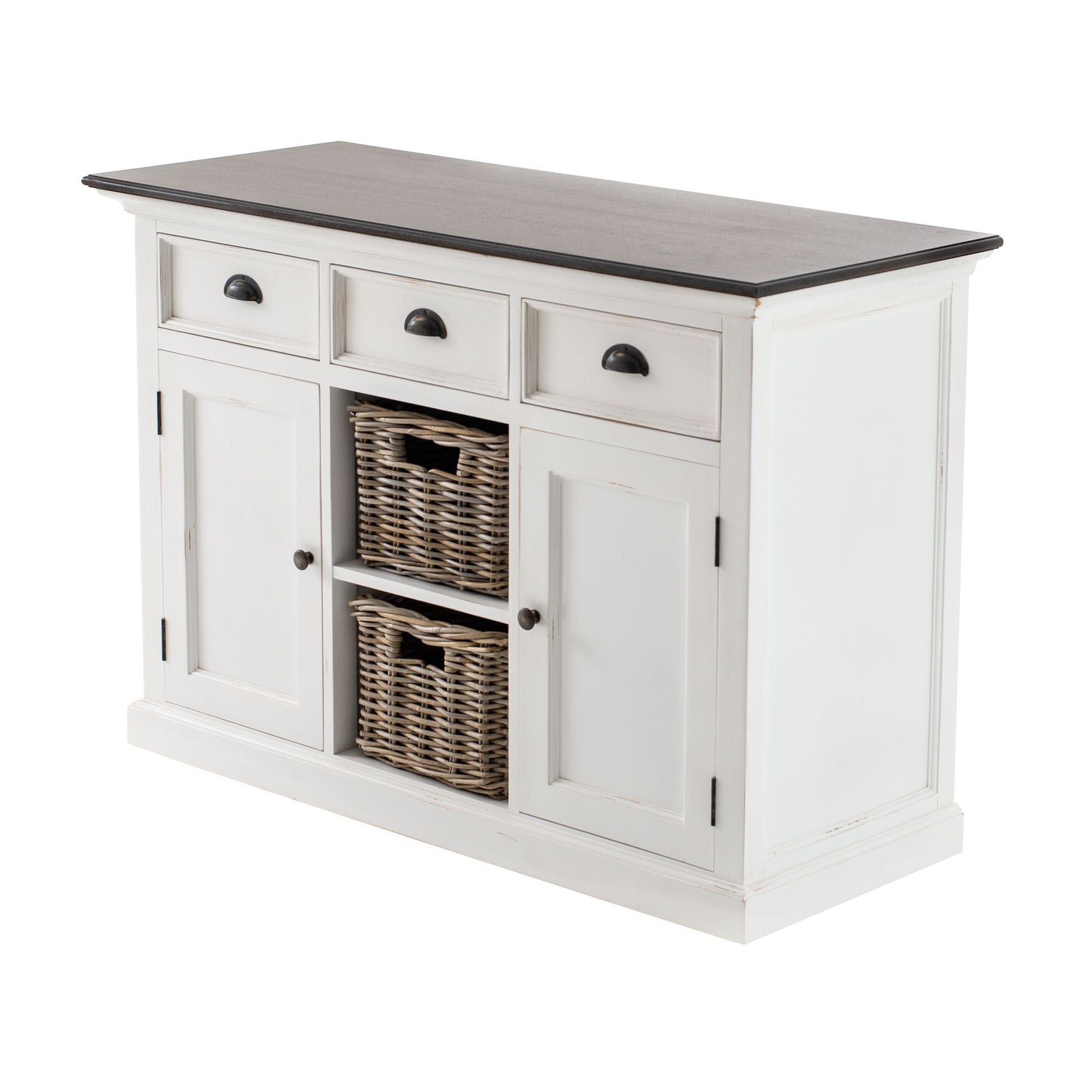 NovaSolo Halifax Accent 49" White & Brown Mahogany Buffet With 3 Drawers & 2 Rattan Baskets