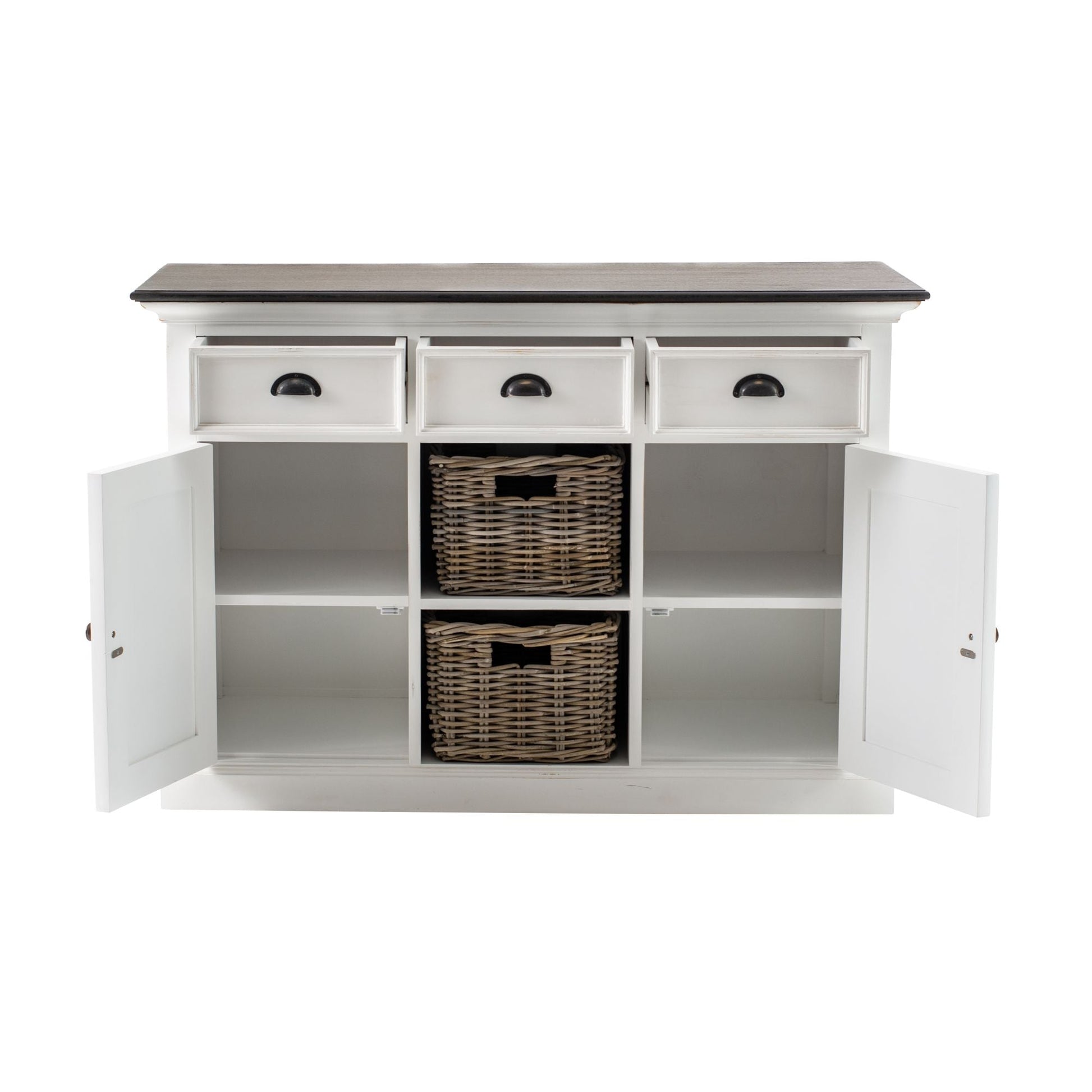 NovaSolo Halifax Accent 49" White & Brown Mahogany Buffet With 3 Drawers & 2 Rattan Baskets