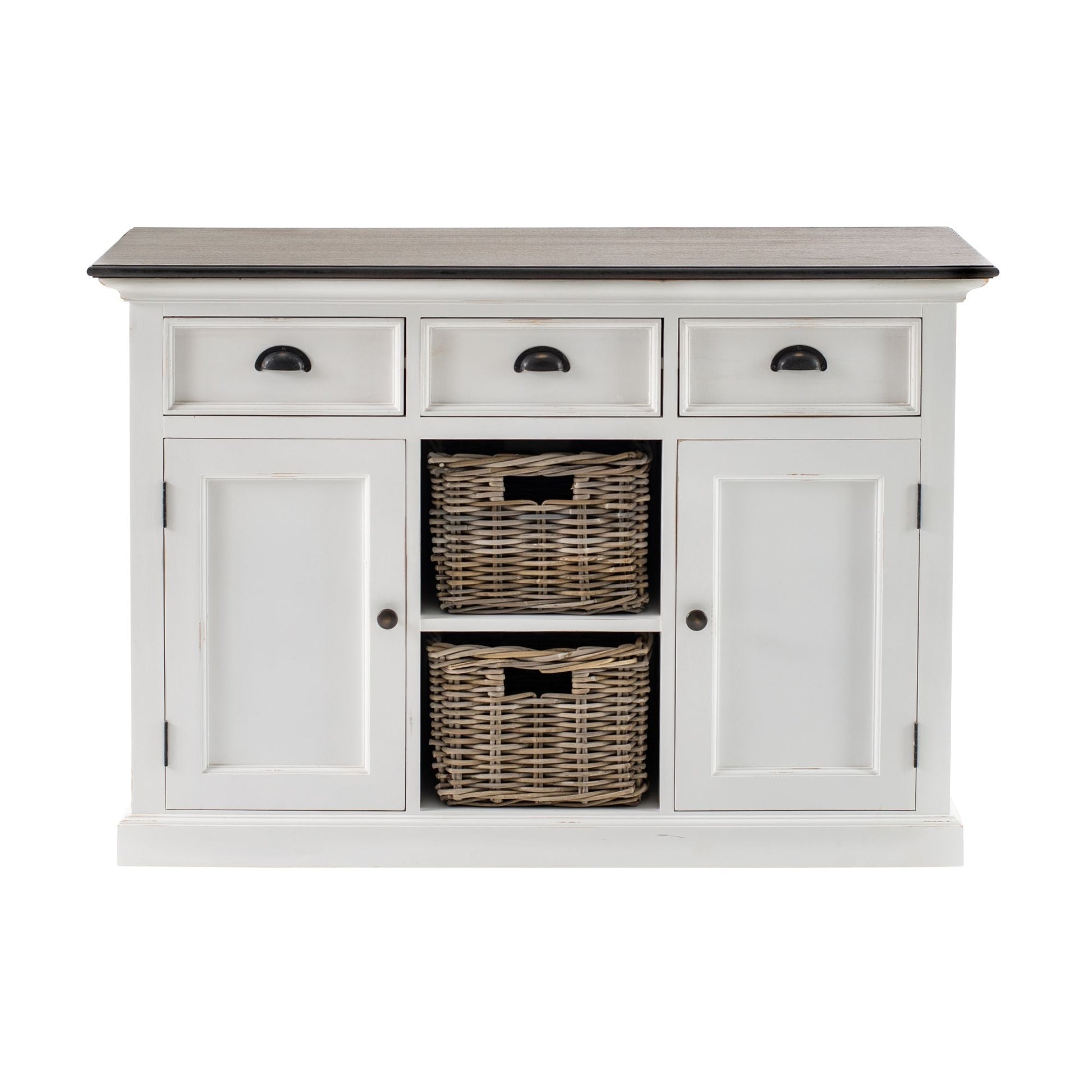 NovaSolo Halifax Accent 49" White & Brown Mahogany Buffet With 3 Drawers & 2 Rattan Baskets