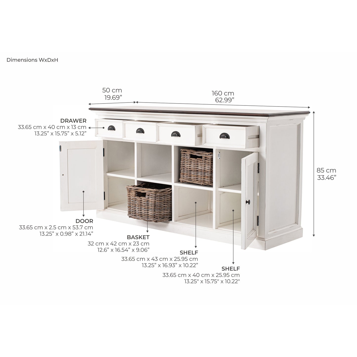 NovaSolo Halifax Accent 63" White & Brown Mahogany Buffet With 4 Drawers & 4 Rattan Baskets