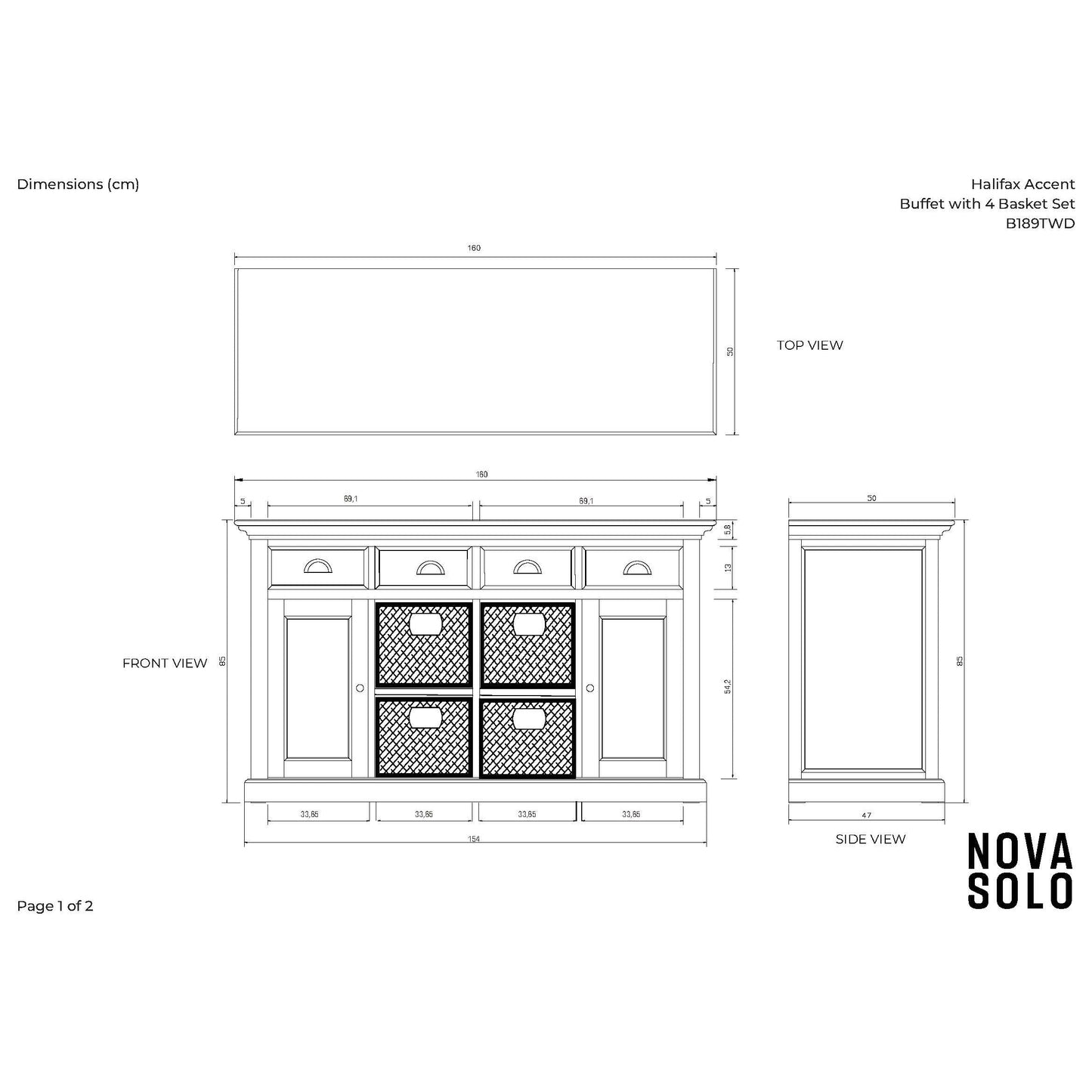 NovaSolo Halifax Accent 63" White & Brown Mahogany Buffet With 4 Drawers & 4 Rattan Baskets