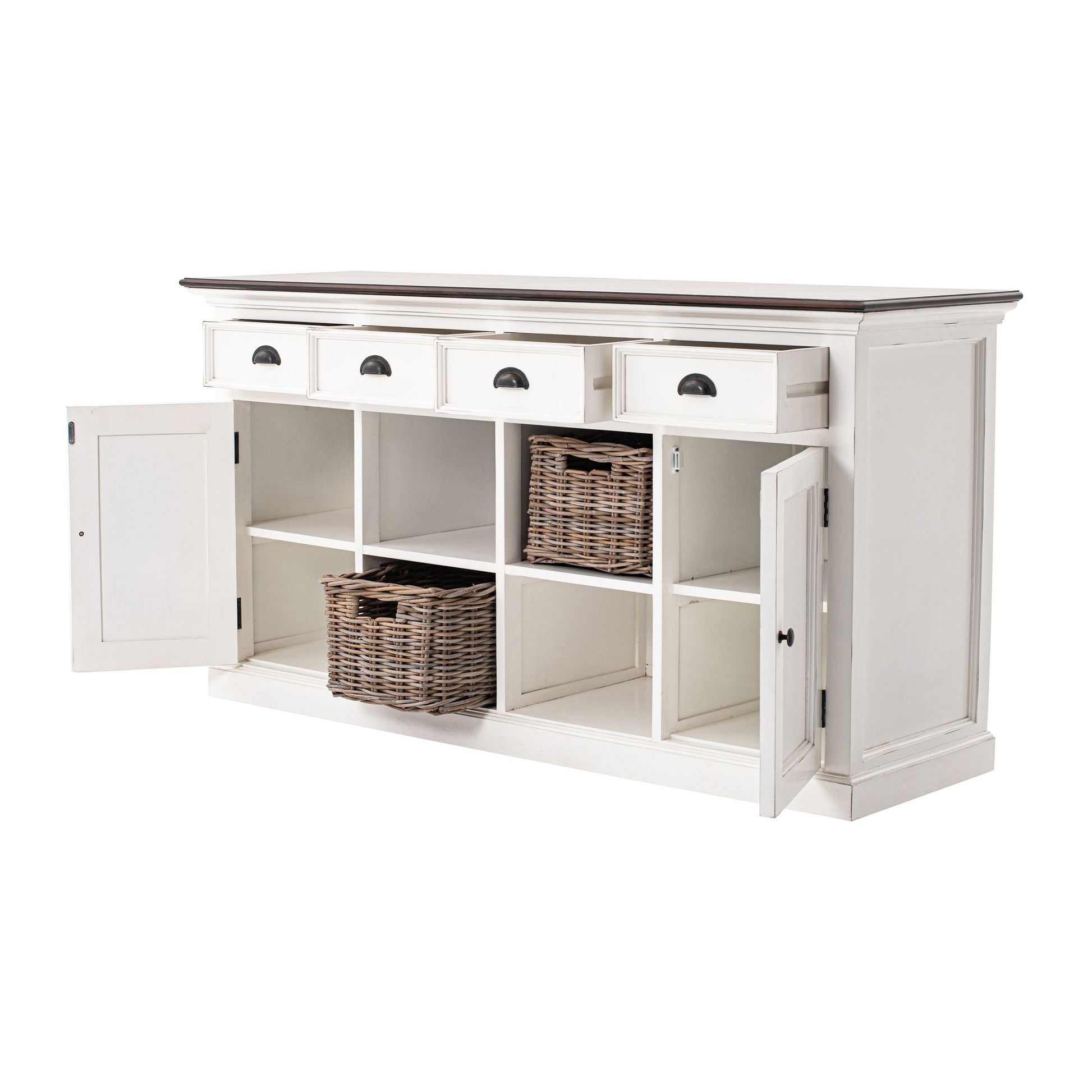 NovaSolo Halifax Accent 63" White & Brown Mahogany Buffet With 4 Drawers & 4 Rattan Baskets