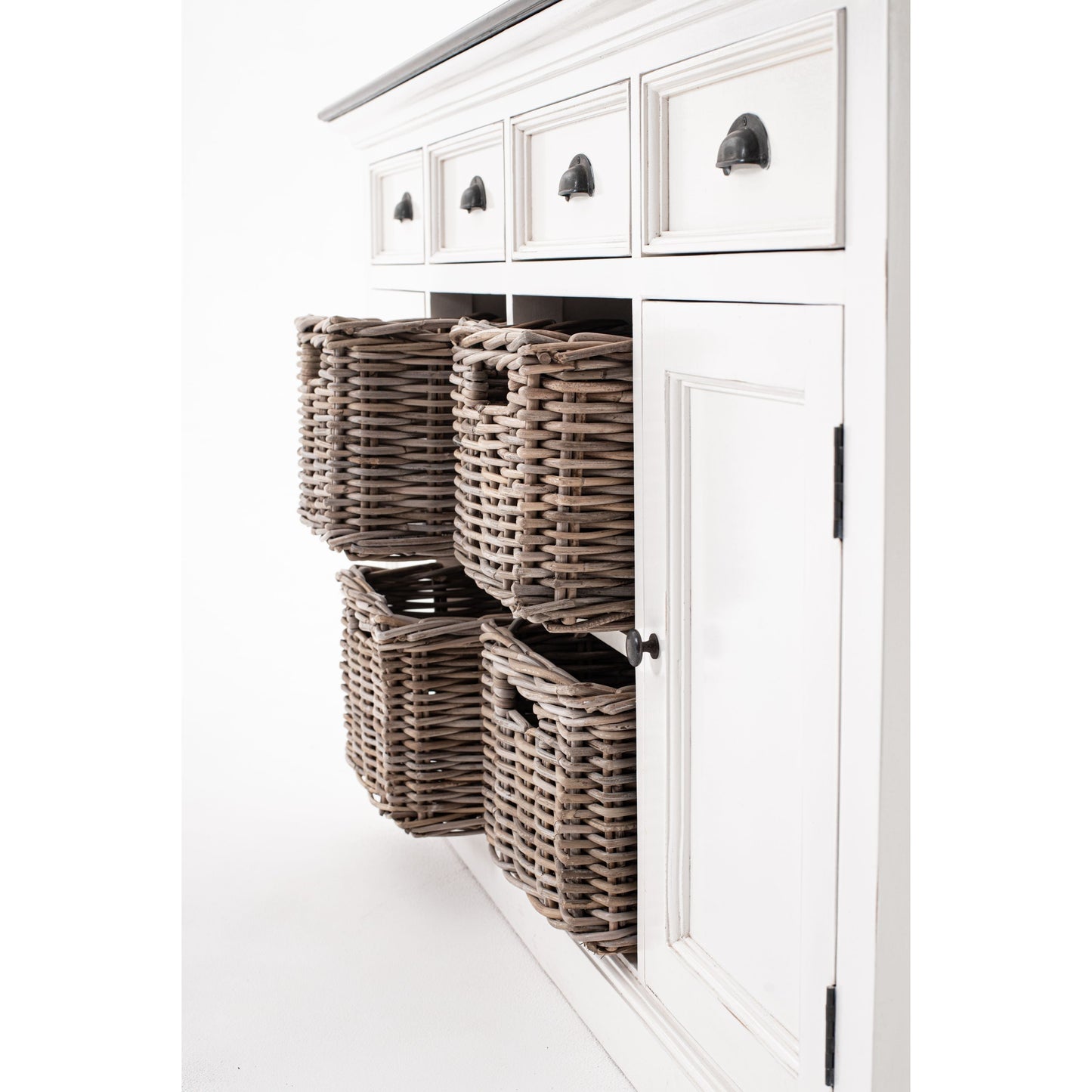 NovaSolo Halifax Accent 63" White & Brown Mahogany Buffet With 4 Drawers & 4 Rattan Baskets