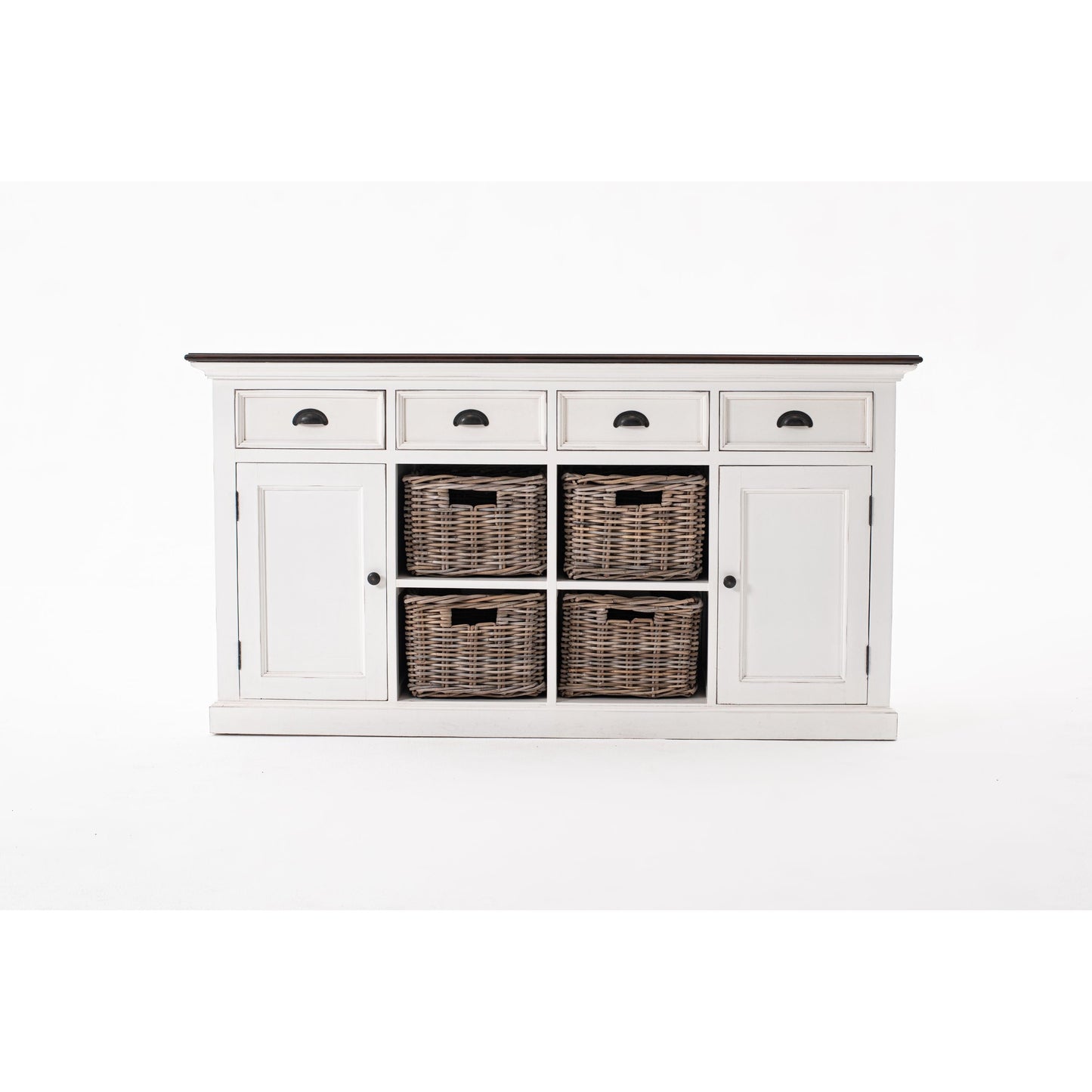 NovaSolo Halifax Accent 63" White & Brown Mahogany Buffet With 4 Drawers & 4 Rattan Baskets