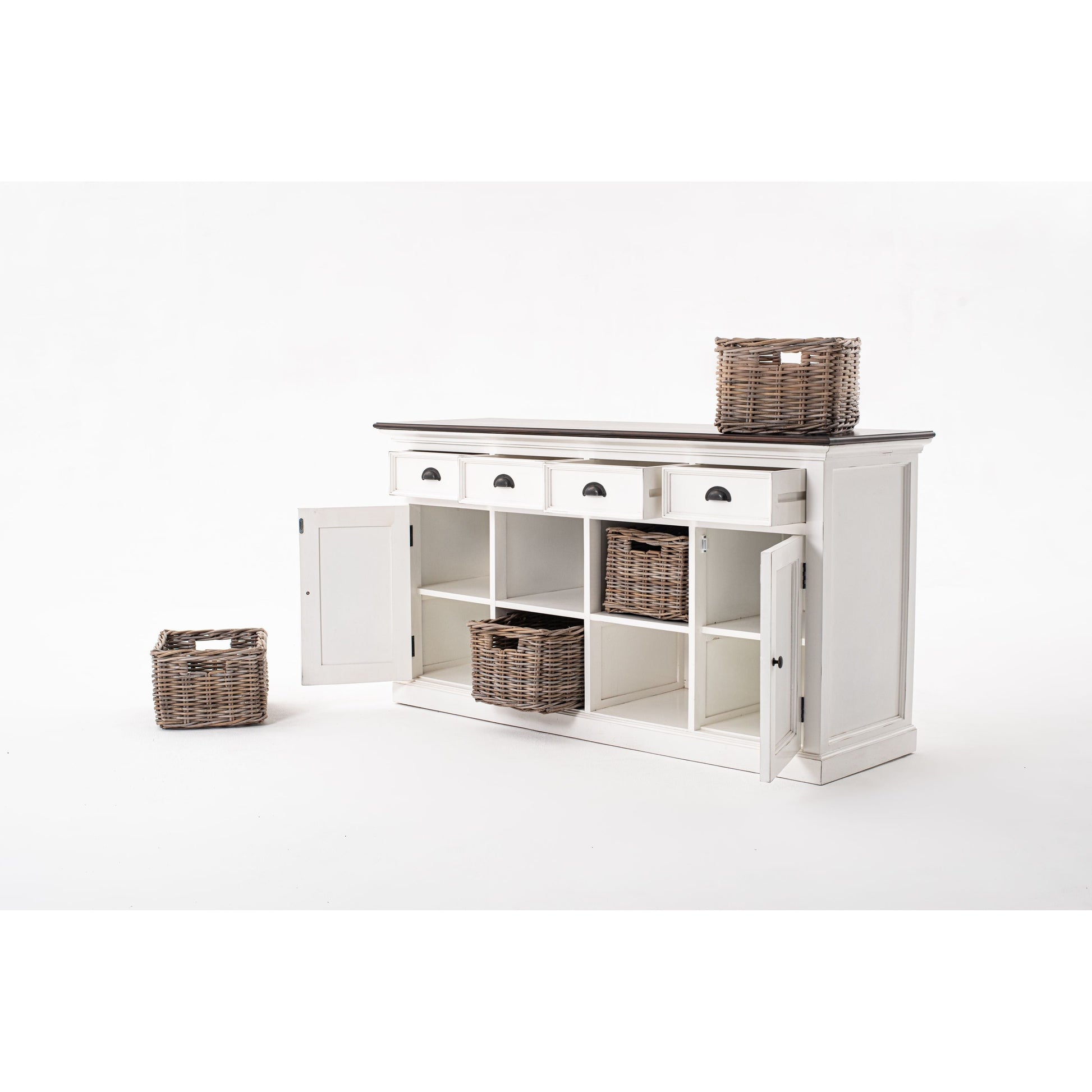 NovaSolo Halifax Accent 63" White & Brown Mahogany Buffet With 4 Drawers & 4 Rattan Baskets