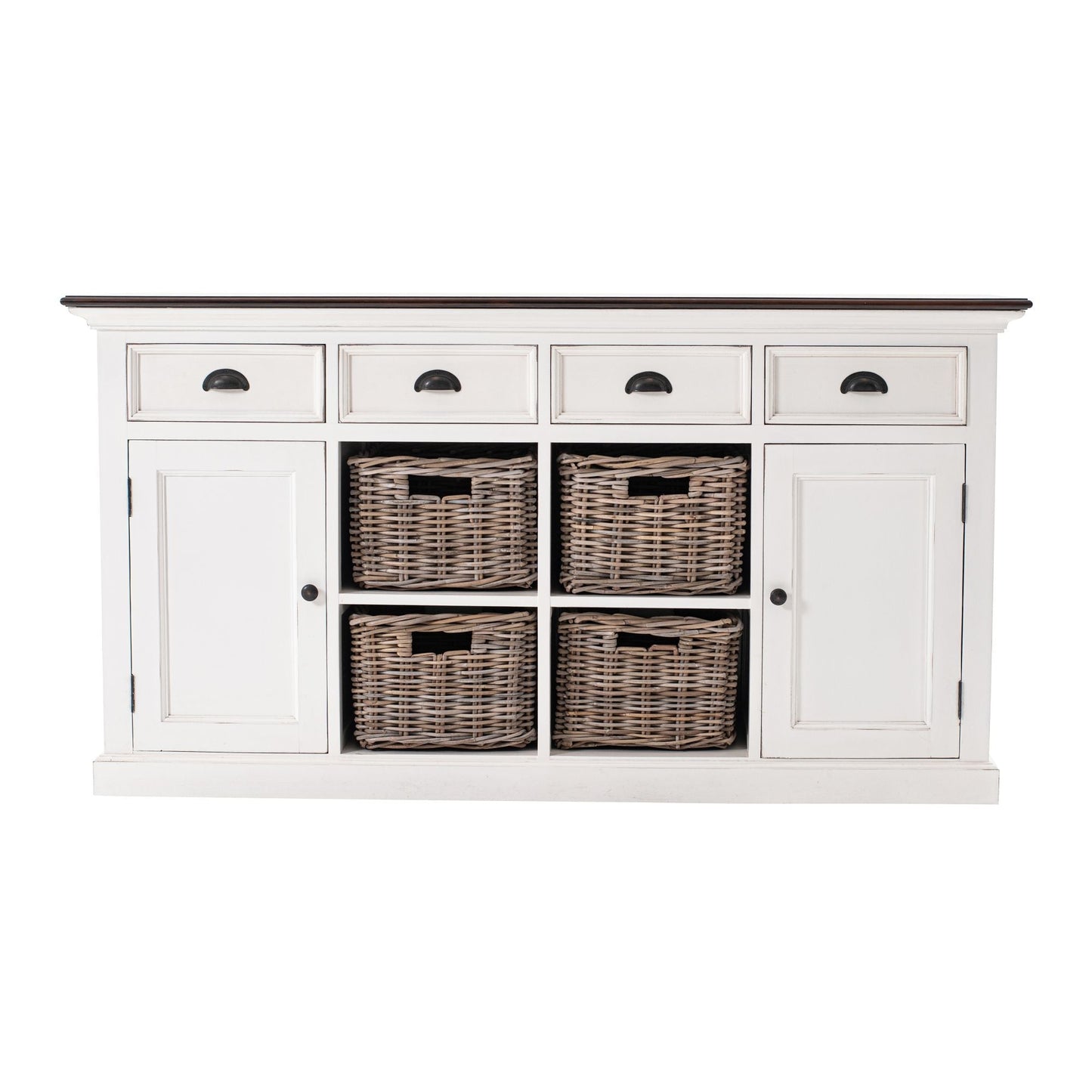 NovaSolo Halifax Accent 63" White & Brown Mahogany Buffet With 4 Drawers & 4 Rattan Baskets