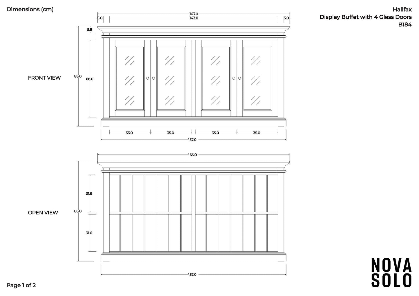 NovaSolo Halifax Accent 64" Classic White & Brown Mahogany Buffet With 4 Glass Doors