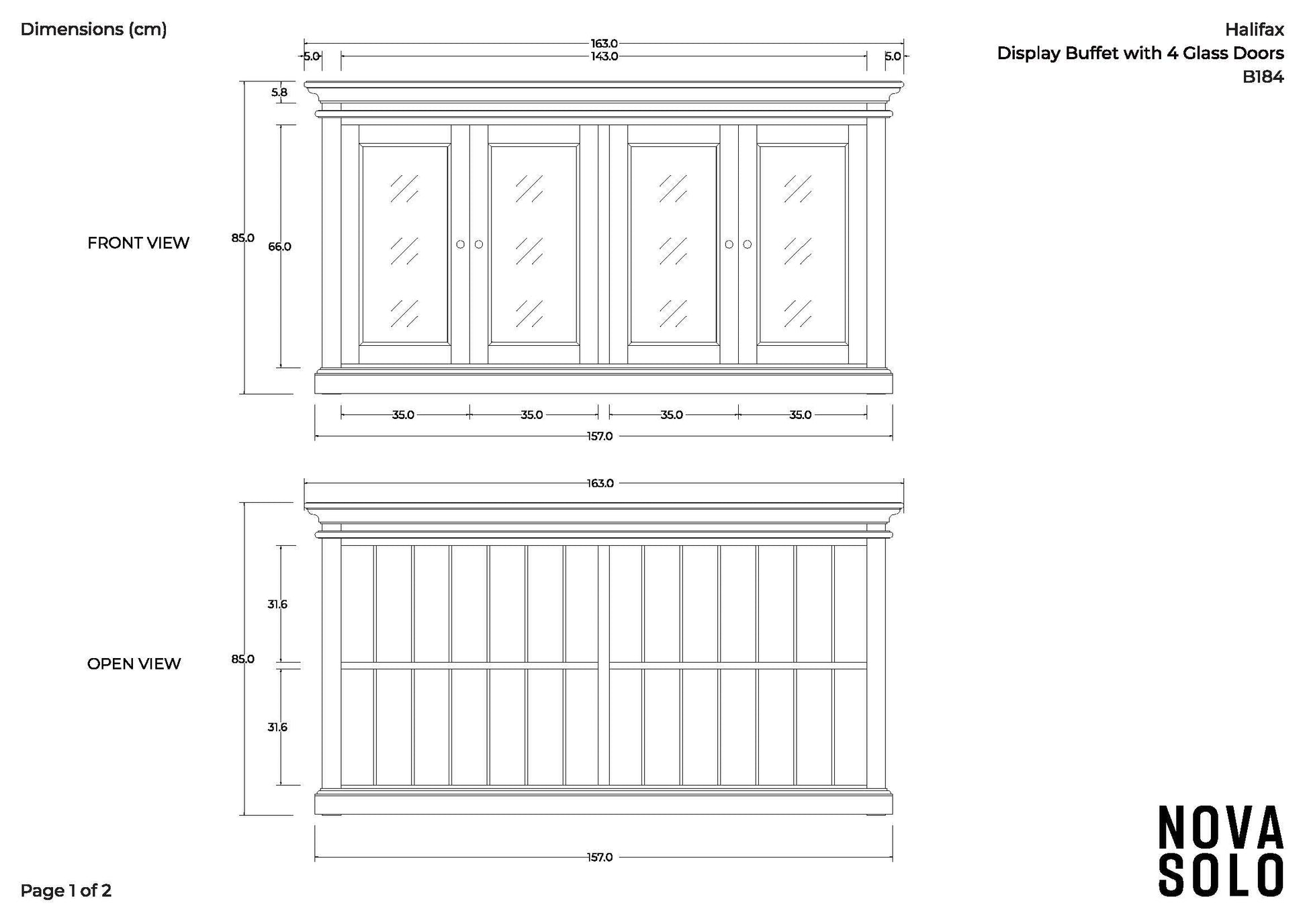 NovaSolo Halifax Accent 64" Classic White & Brown Mahogany Buffet With 4 Glass Doors