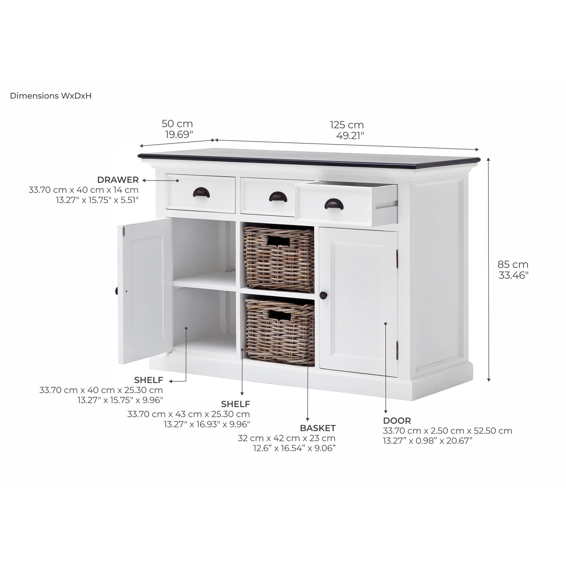 NovaSolo Halifax Contrast 49" White & Black Mahogany Buffet With 3 Drawers & 2 Rattan Baskets