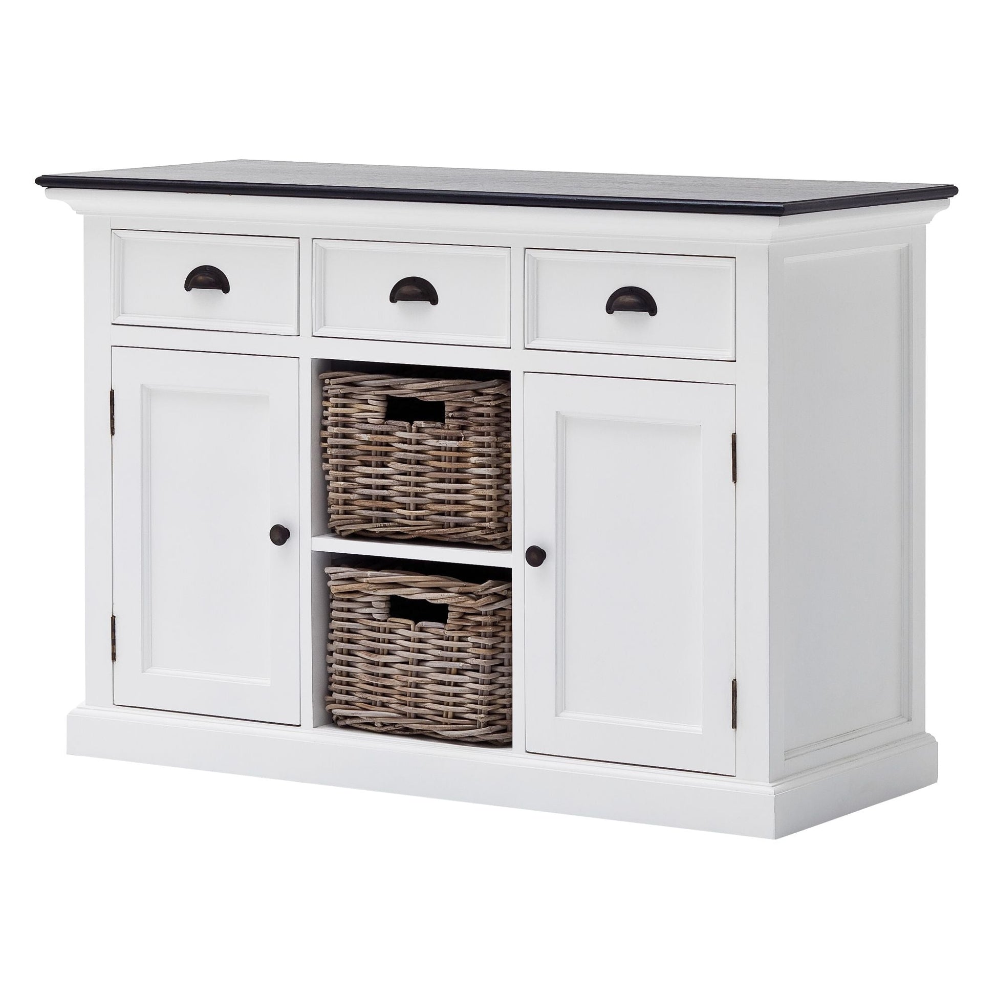 NovaSolo Halifax Contrast 49" White & Black Mahogany Buffet With 3 Drawers & 2 Rattan Baskets