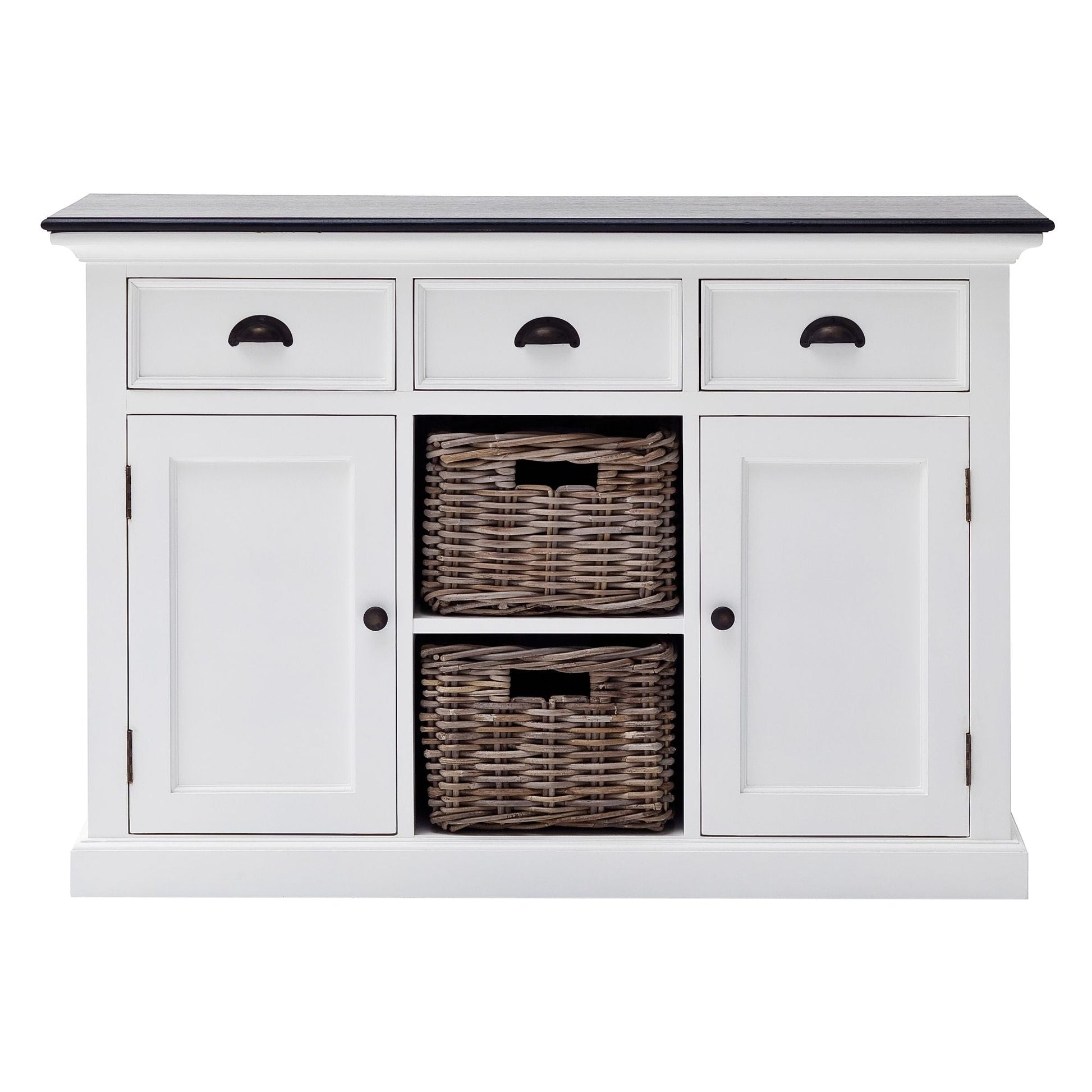 NovaSolo Halifax Contrast 49" White & Black Mahogany Buffet With 3 Drawers & 2 Rattan Baskets