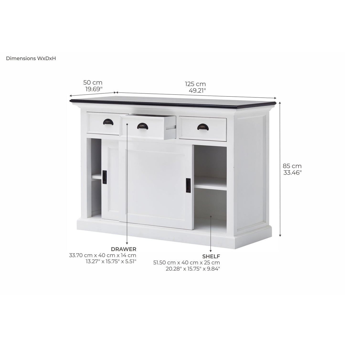 NovaSolo Halifax Contrast 49" White & Black Mahogany Buffet With 3 Drawers & 2 Sliding Doors