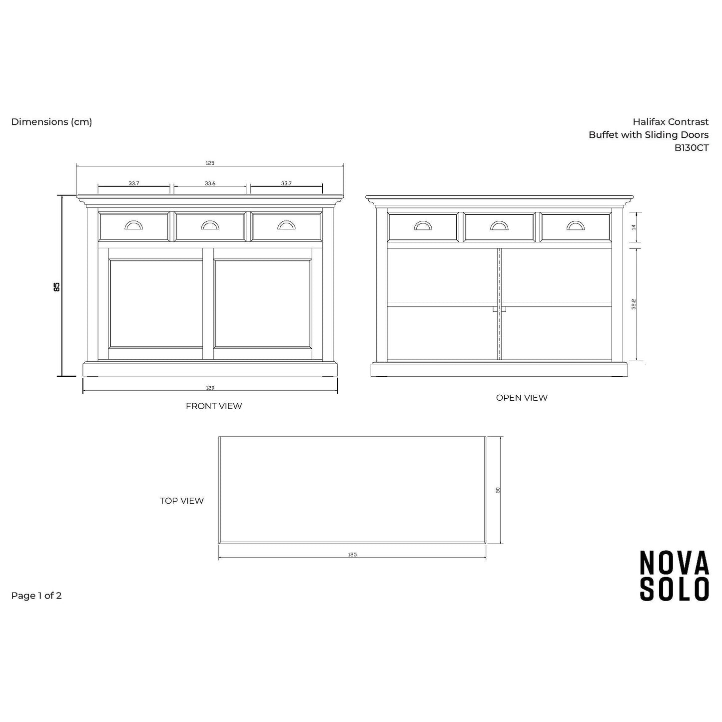 NovaSolo Halifax Contrast 49" White & Black Mahogany Buffet With 3 Drawers & 2 Sliding Doors