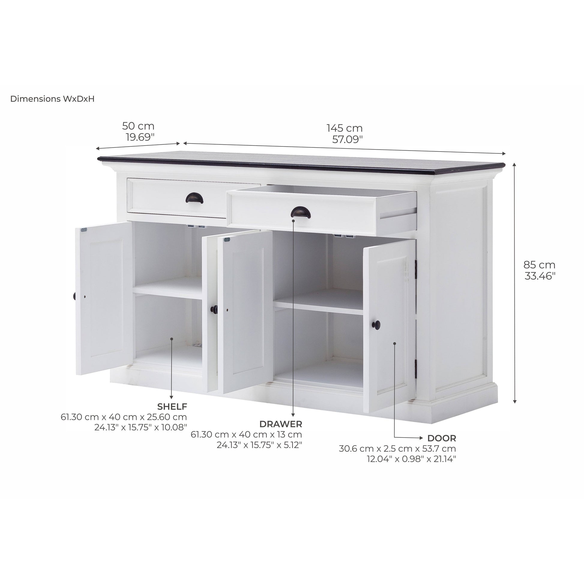 NovaSolo Halifax Contrast 57" Classic White & Black Buffet With 4 Doors and 2 Drawers