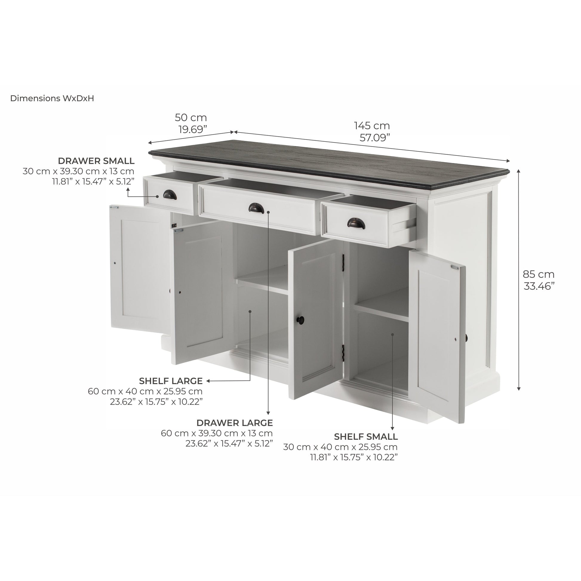 NovaSolo Halifax Contrast 57" Classic White & Black Mahogany Buffet With 4 Doors & 3 Drawers