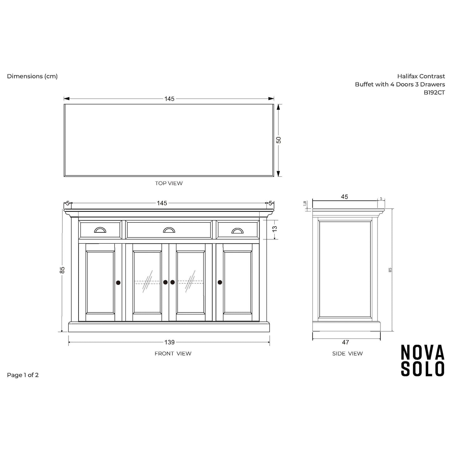 NovaSolo Halifax Contrast 57" Classic White & Black Mahogany Buffet With 4 Doors & 3 Drawers