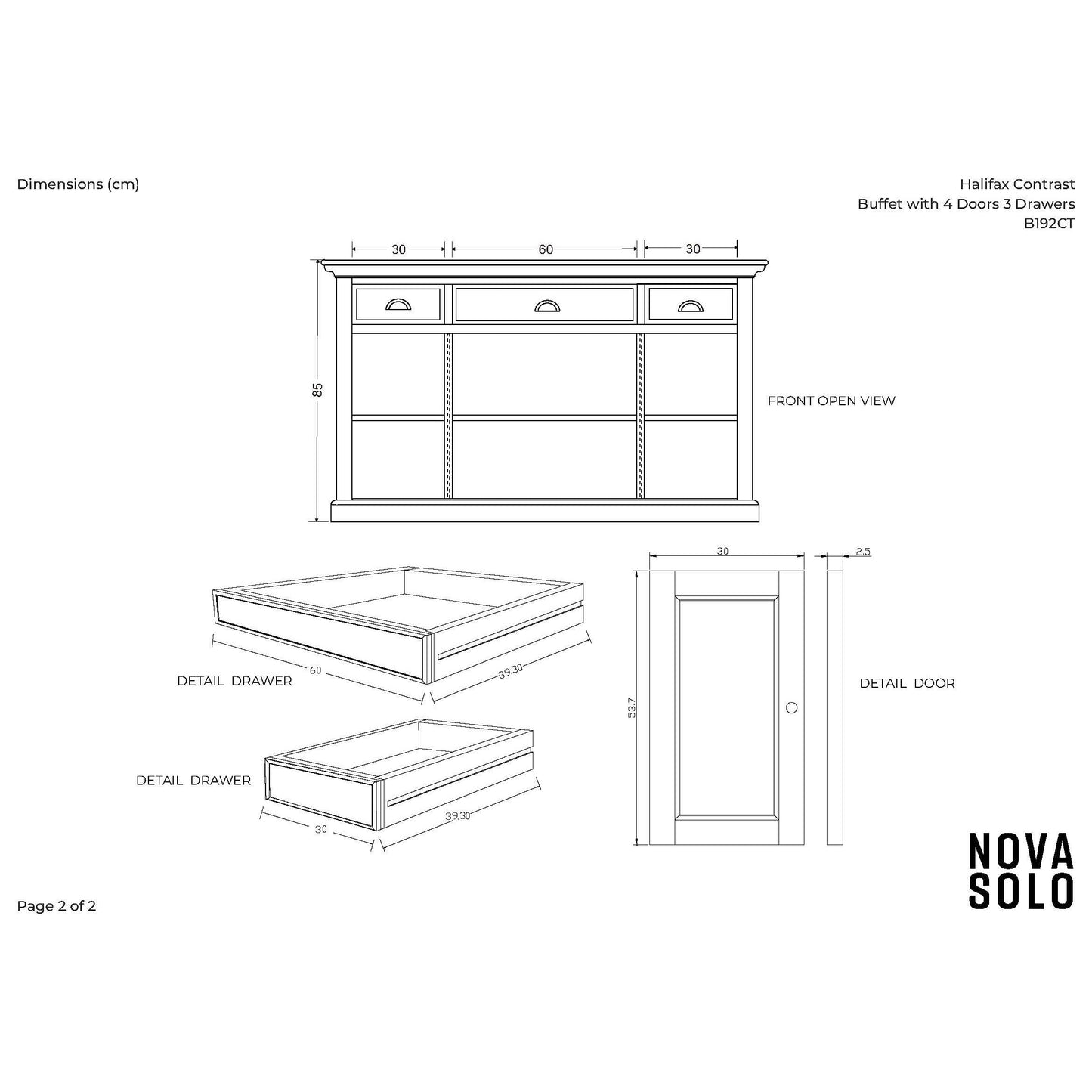 NovaSolo Halifax Contrast 57" Classic White & Black Mahogany Buffet With 4 Doors & 3 Drawers