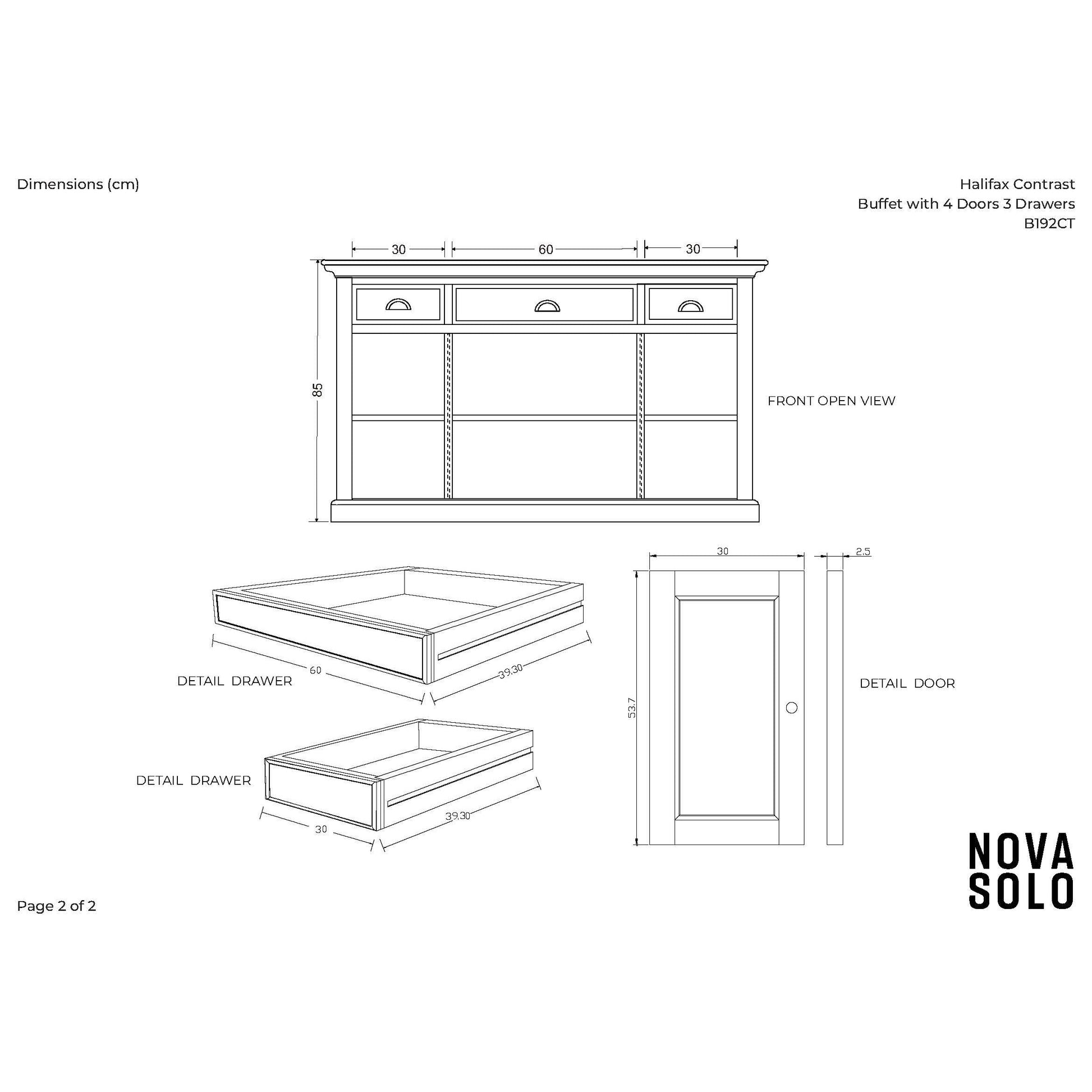 NovaSolo Halifax Contrast 57" Classic White & Black Mahogany Buffet With 4 Doors & 3 Drawers