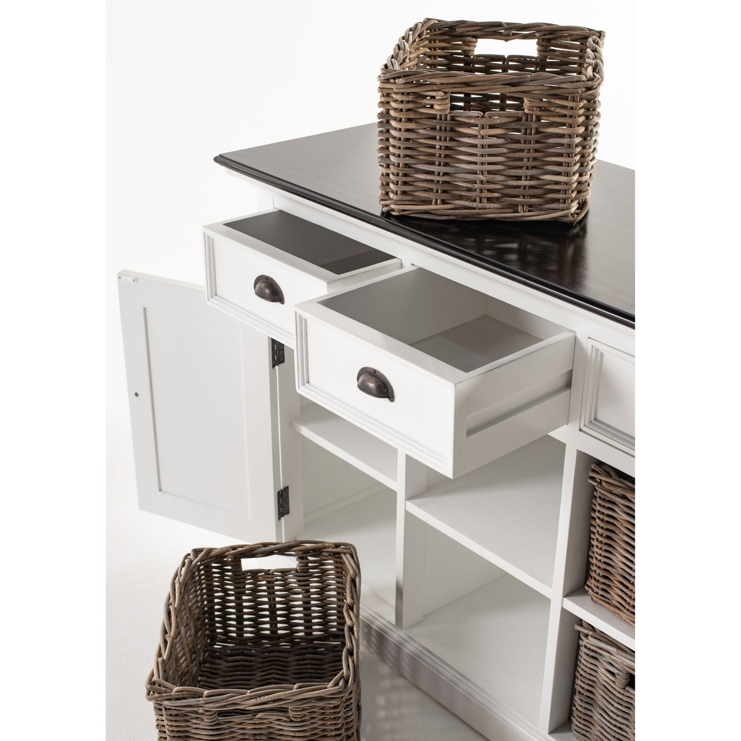 NovaSolo Halifax Contrast 63" Classic White & Black Mahogany Buffet With 4 Drawers & 4 Rattan Baskets