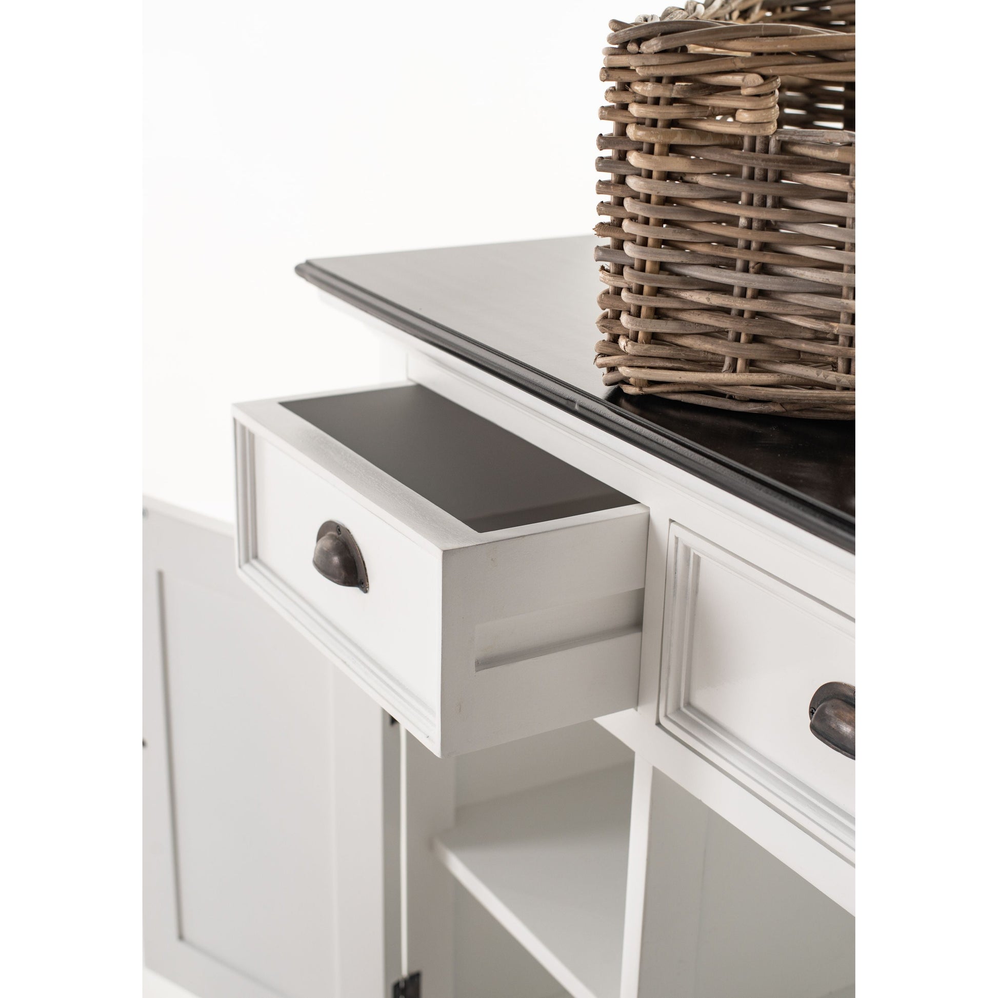 NovaSolo Halifax Contrast 63" Classic White & Black Mahogany Buffet With 4 Drawers & 4 Rattan Baskets