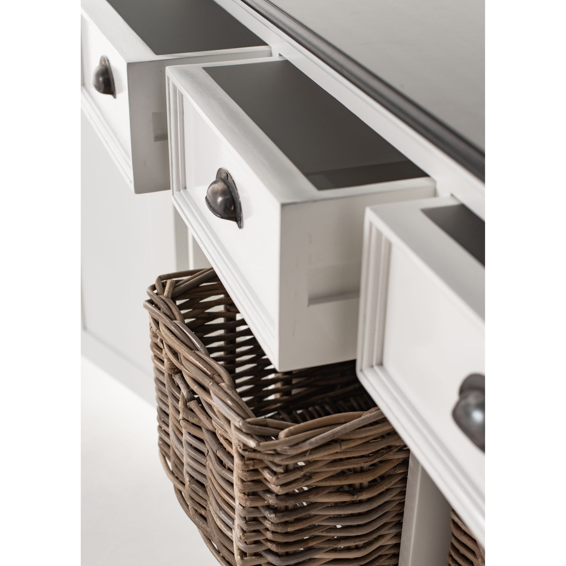 NovaSolo Halifax Contrast 63" Classic White & Black Mahogany Buffet With 4 Drawers & 4 Rattan Baskets