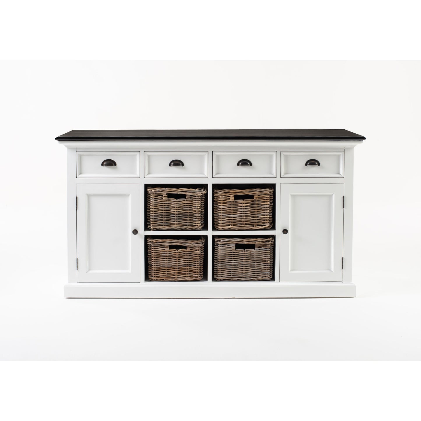 NovaSolo Halifax Contrast 63" Classic White & Black Mahogany Buffet With 4 Drawers & 4 Rattan Baskets