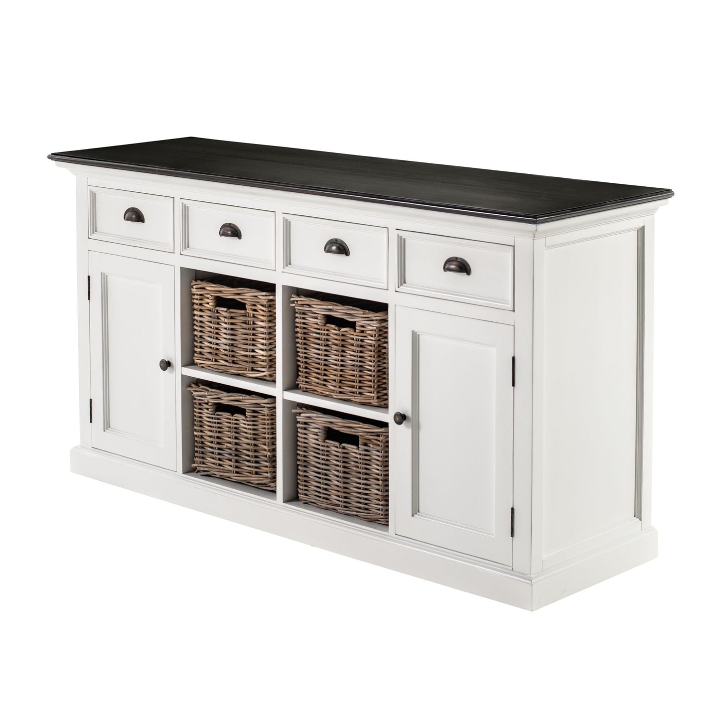 NovaSolo Halifax Contrast 63" Classic White & Black Mahogany Buffet With 4 Drawers & 4 Rattan Baskets