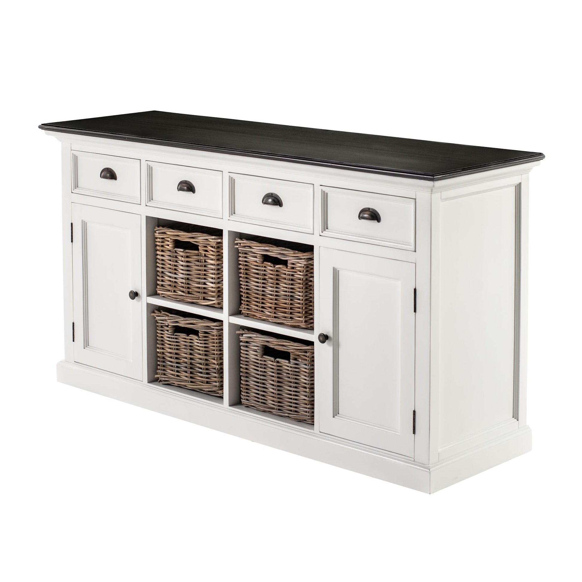 NovaSolo Halifax Contrast 63" Classic White & Black Mahogany Buffet With 4 Drawers & 4 Rattan Baskets