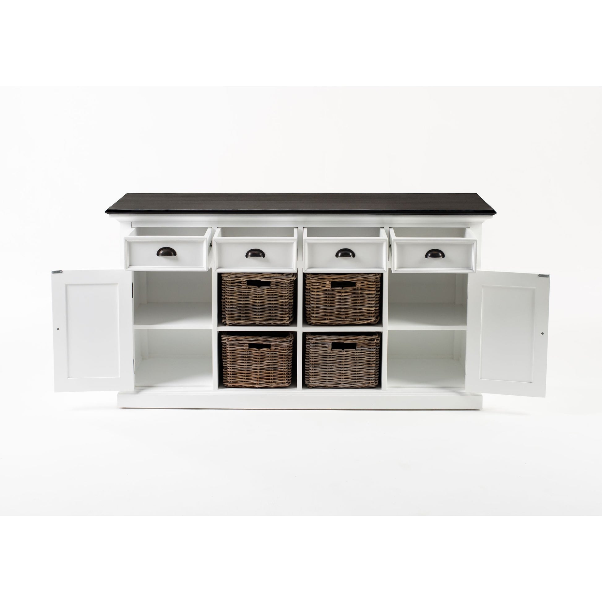 NovaSolo Halifax Contrast 63" Classic White & Black Mahogany Buffet With 4 Drawers & 4 Rattan Baskets