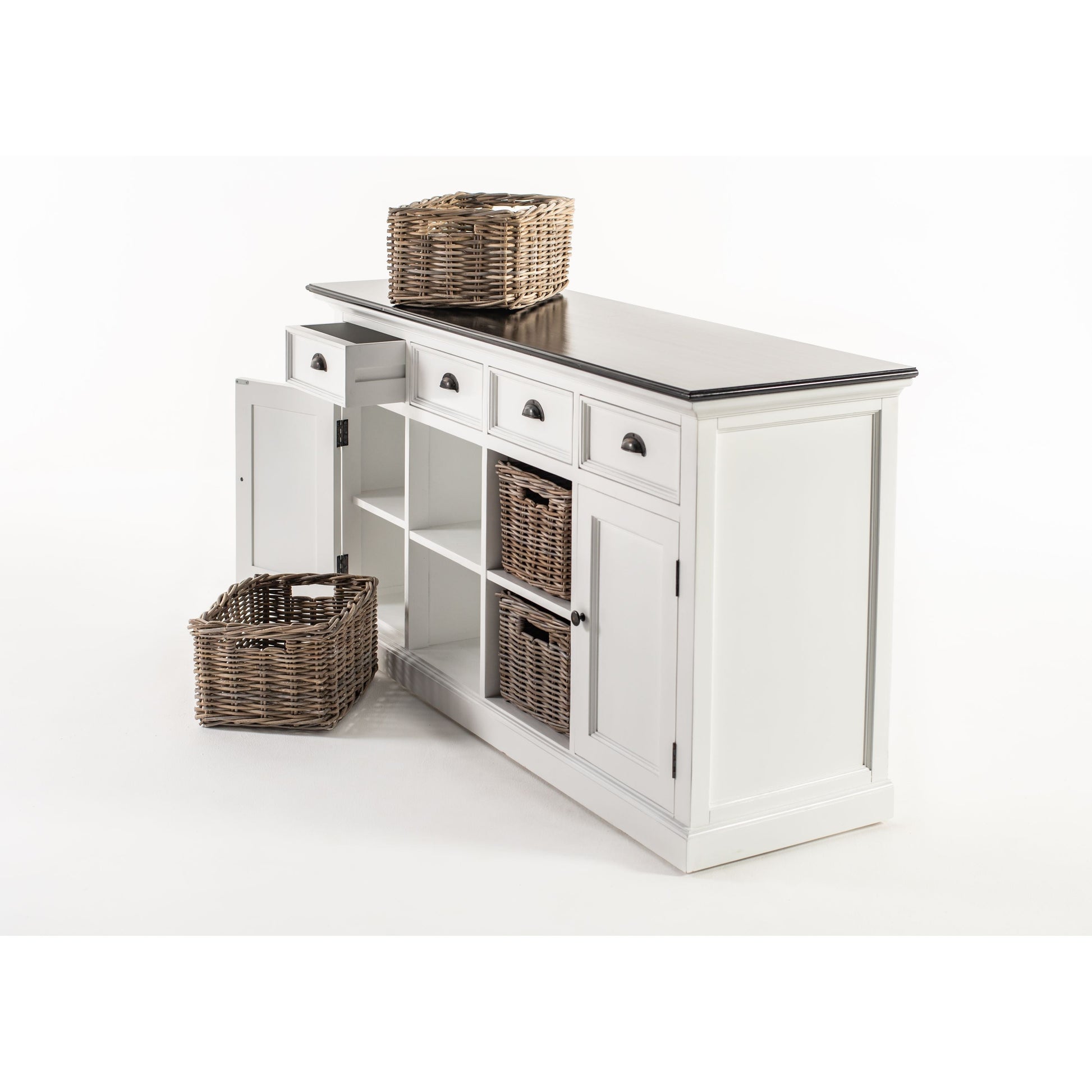 NovaSolo Halifax Contrast 63" Classic White & Black Mahogany Buffet With 4 Drawers & 4 Rattan Baskets