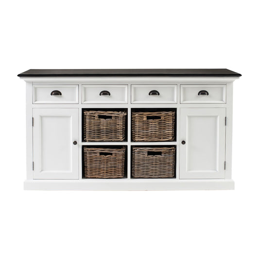 NovaSolo Halifax Contrast 63" Classic White & Black Mahogany Buffet With 4 Drawers & 4 Rattan Baskets