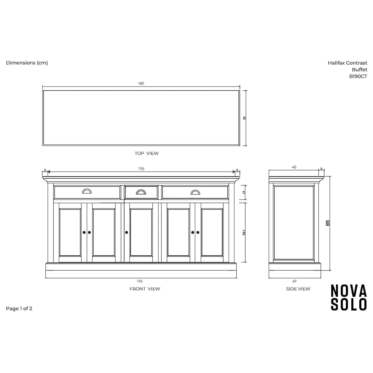 NovaSolo Halifax Contrast 71" Classic White & Black Mahogany Buffet With 5 Doors & 3 Drawers