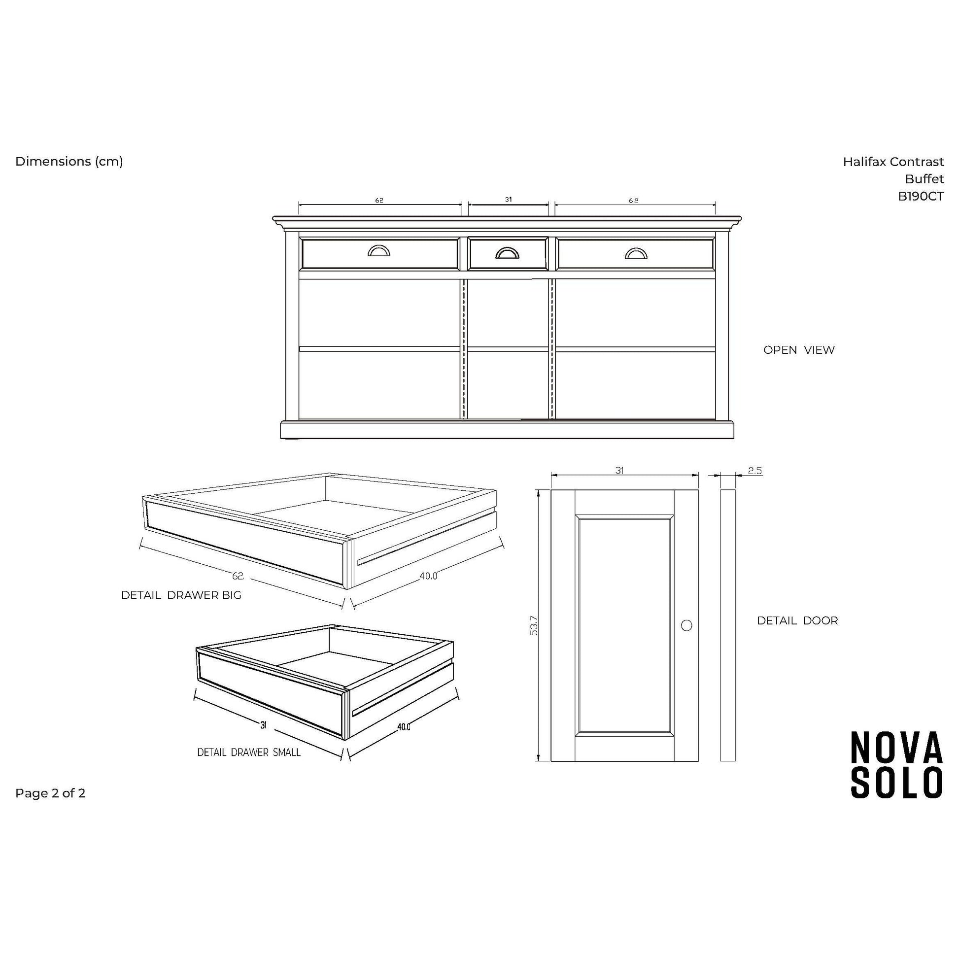 NovaSolo Halifax Contrast 71" Classic White & Black Mahogany Buffet With 5 Doors & 3 Drawers