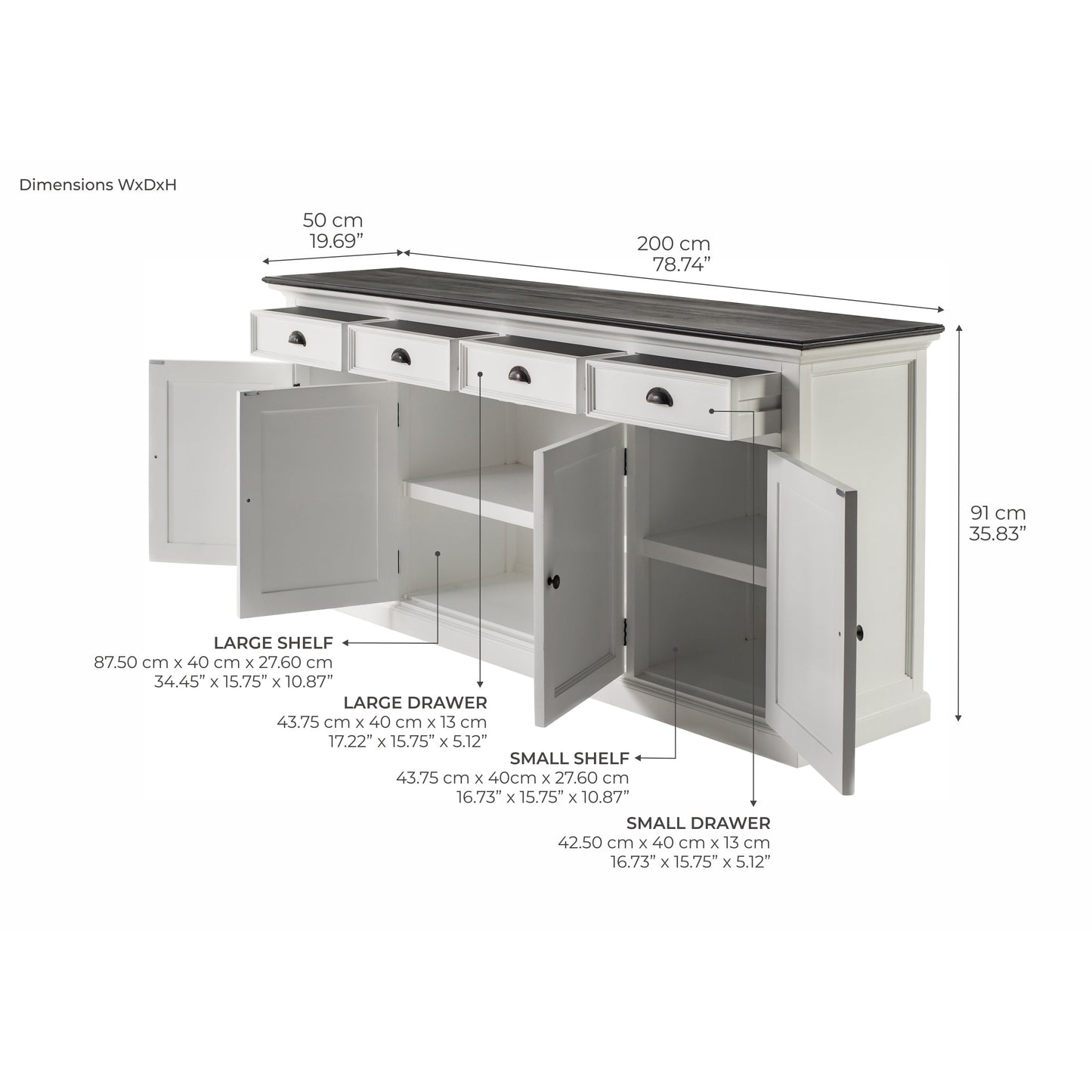 NovaSolo Halifax Contrast 79" Classic White & Black Mahogany Buffet With 4 Doors & 4 Drawers