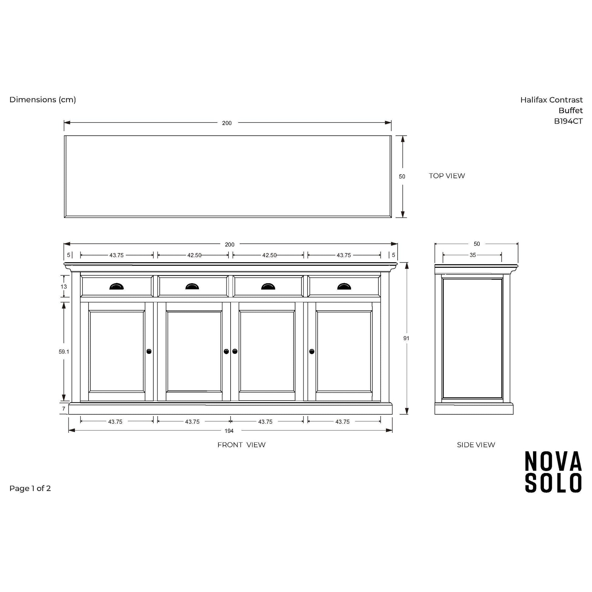 NovaSolo Halifax Contrast 79" Classic White & Black Mahogany Buffet With 4 Doors & 4 Drawers