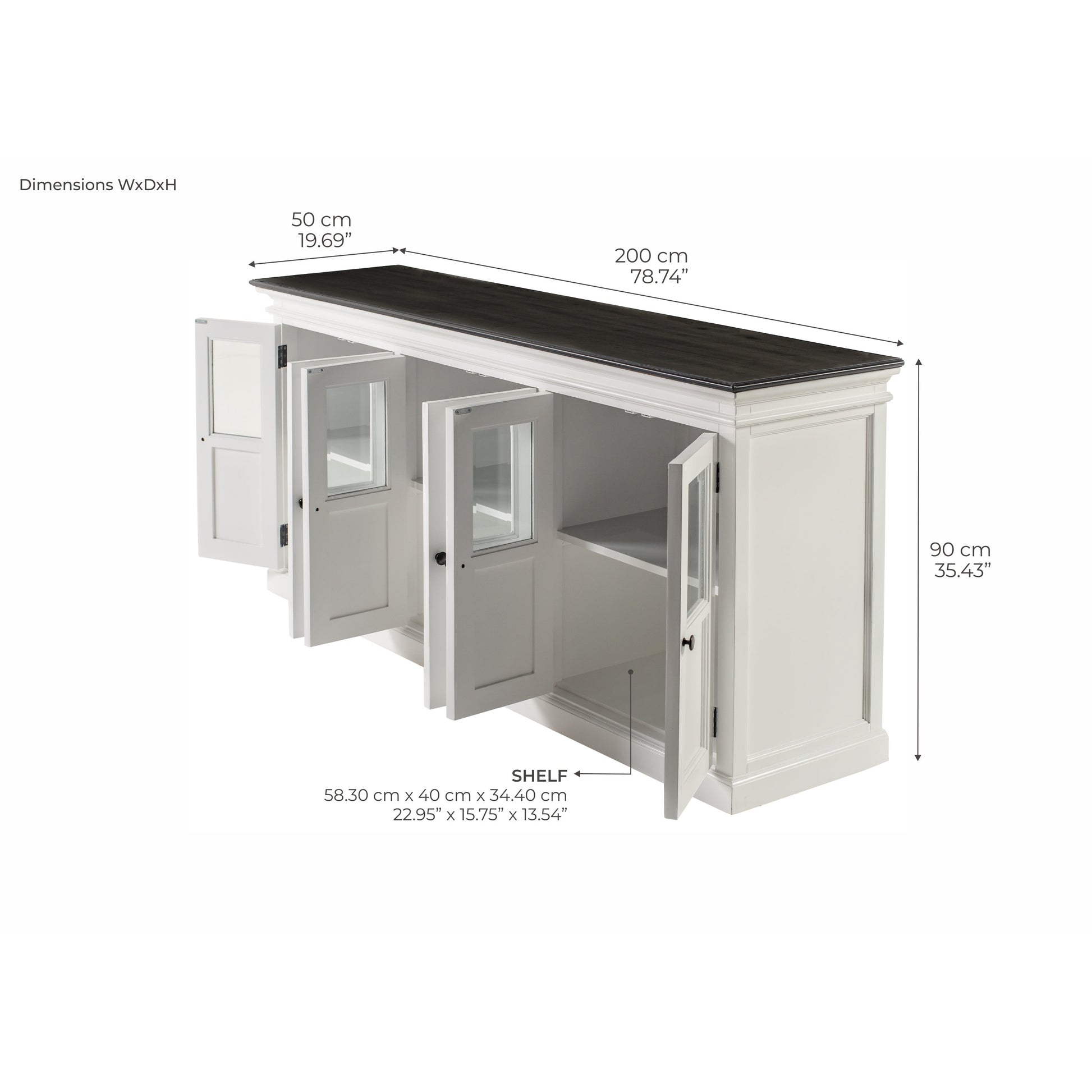 NovaSolo Halifax Contrast 79" Classic White & Black Mahogany Buffet With 6 Glass Doors