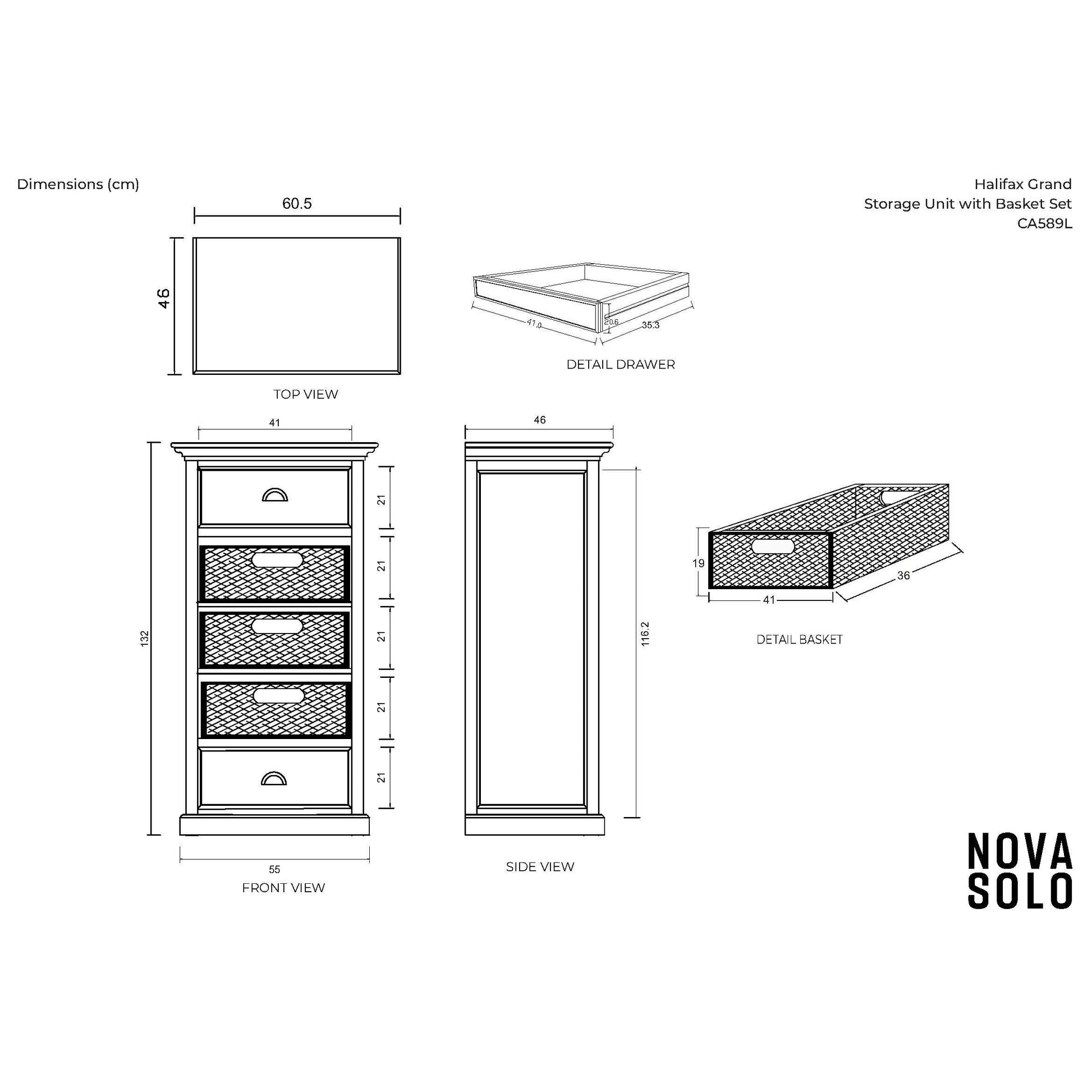 NovaSolo Halifax Grand 24" Classic White Mahogany Mini Storage Unit With 2 Drawers & 3 Rattan Baskets