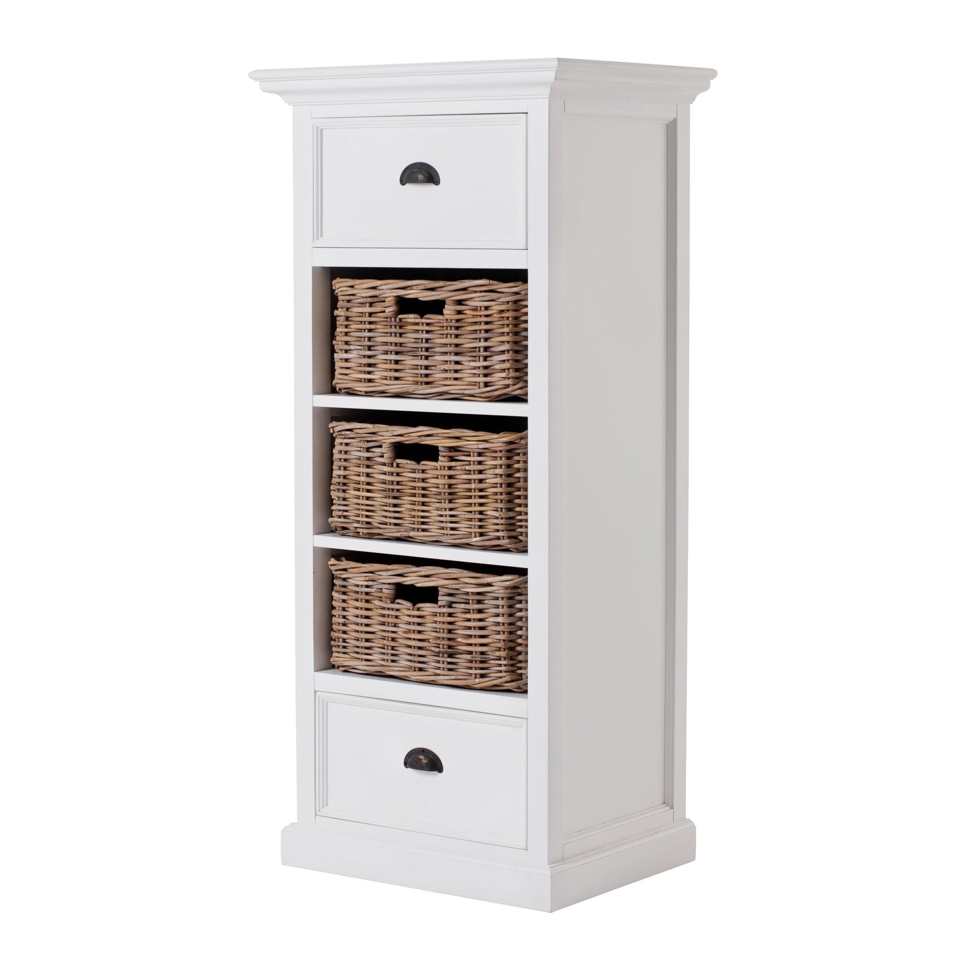 NovaSolo Halifax Grand 24" Classic White Mahogany Mini Storage Unit With 2 Drawers & 3 Rattan Baskets