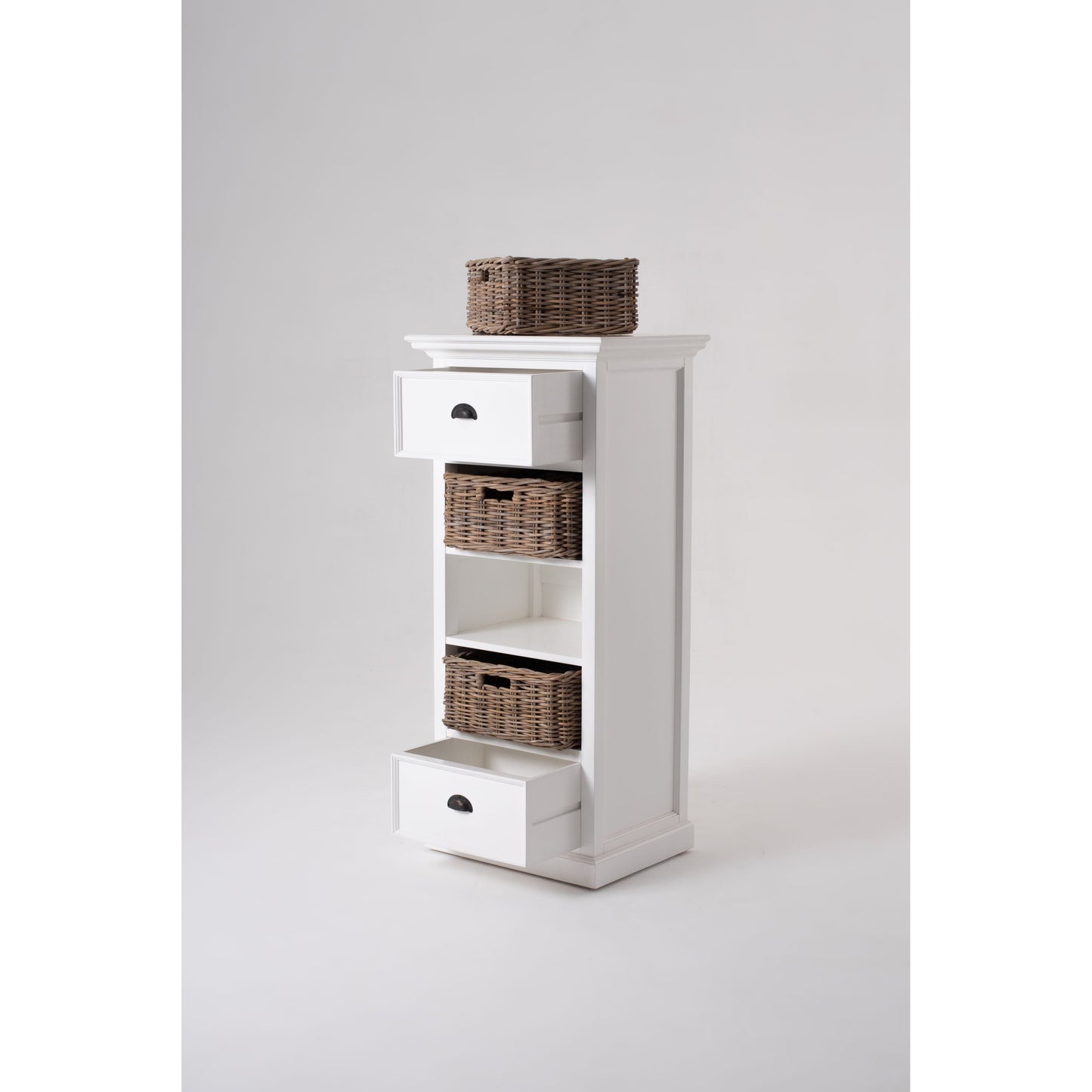 NovaSolo Halifax Grand 24" Classic White Mahogany Mini Storage Unit With 2 Drawers & 3 Rattan Baskets