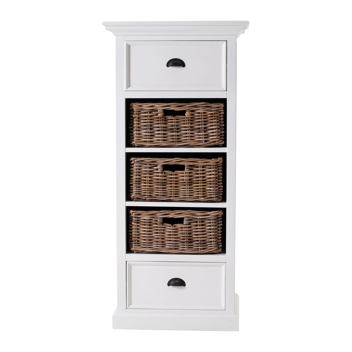 NovaSolo Halifax Grand 24" Classic White Mahogany Mini Storage Unit With 2 Drawers & 3 Rattan Baskets