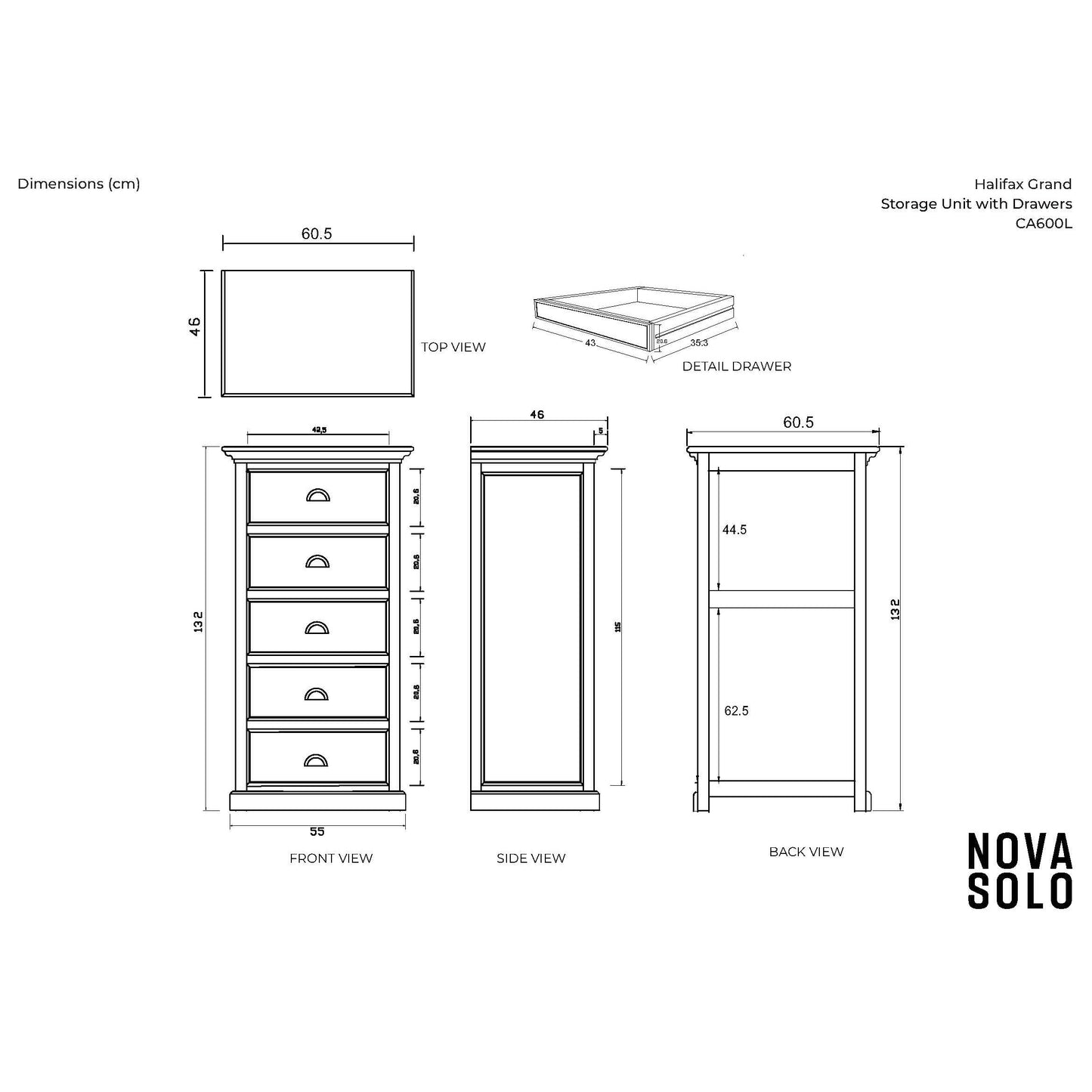 NovaSolo Halifax Grand 24" Classic White Mahogany Mini Storage Unit With 5 Drawers