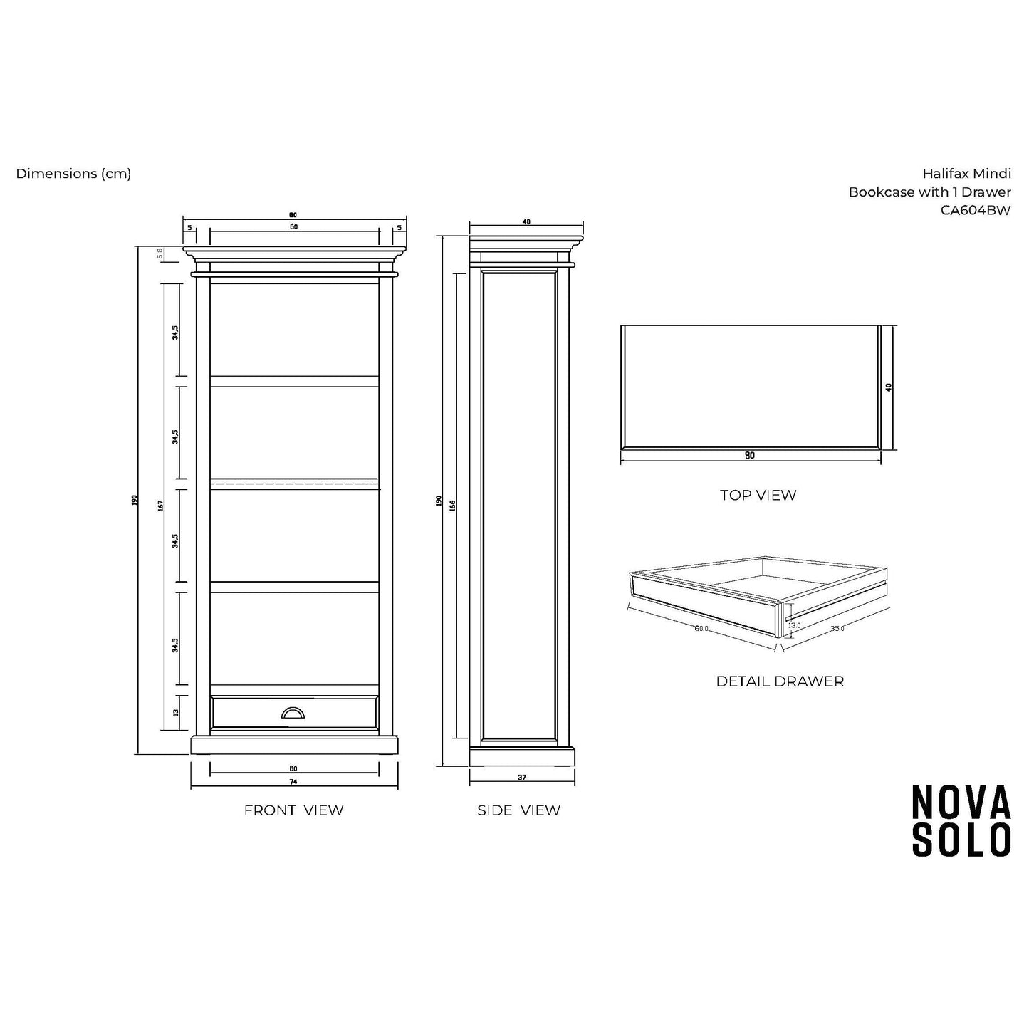 NovaSolo Halifax Mindi 32" Black Mindi Wood Display Cabinet With 4 Shelves & 1 Drawer