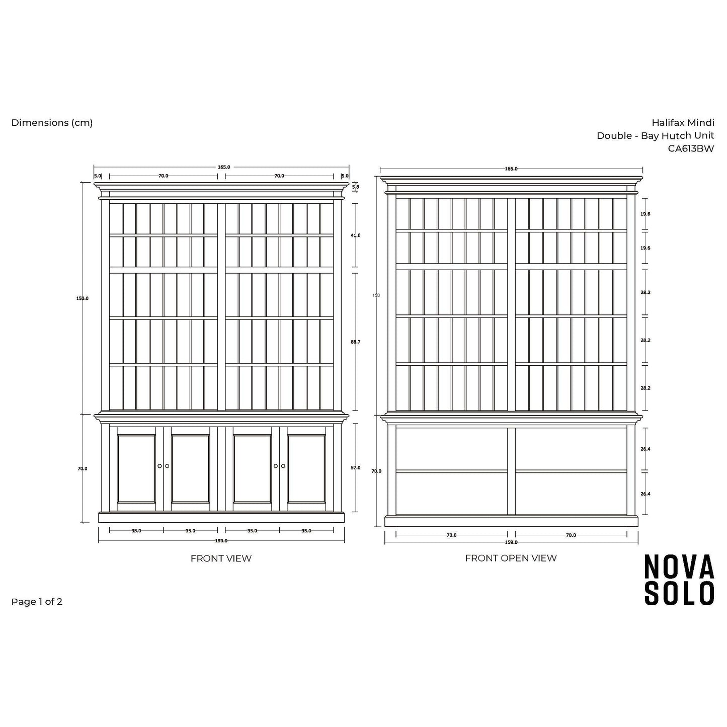 NovaSolo Halifax Mindi 35" Black Mindi Wood Double-Bay Hutch Cabinet With 4 Doors & 10 Shelves