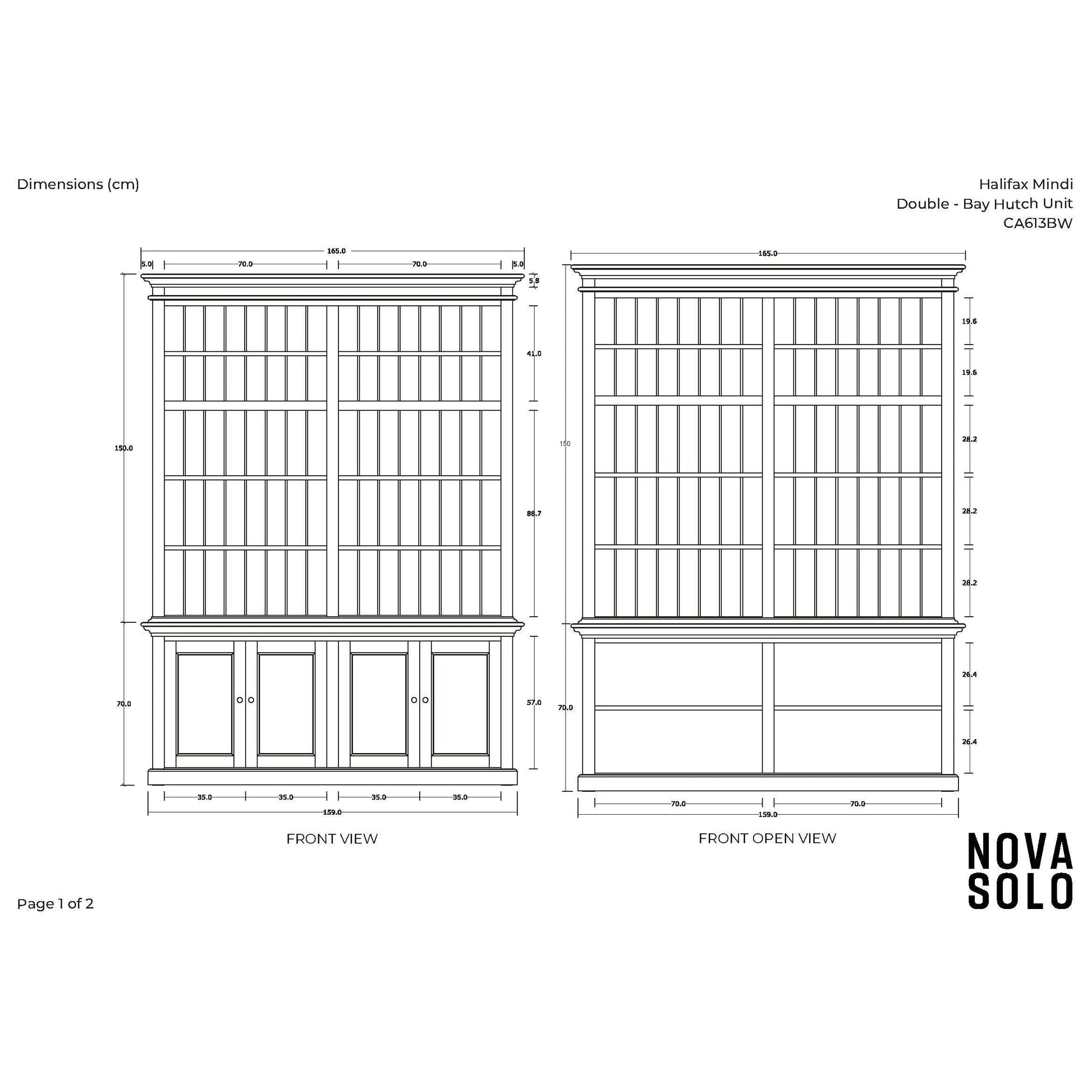 NovaSolo Halifax Mindi 35" Black Mindi Wood Double-Bay Hutch Cabinet With 4 Doors & 10 Shelves