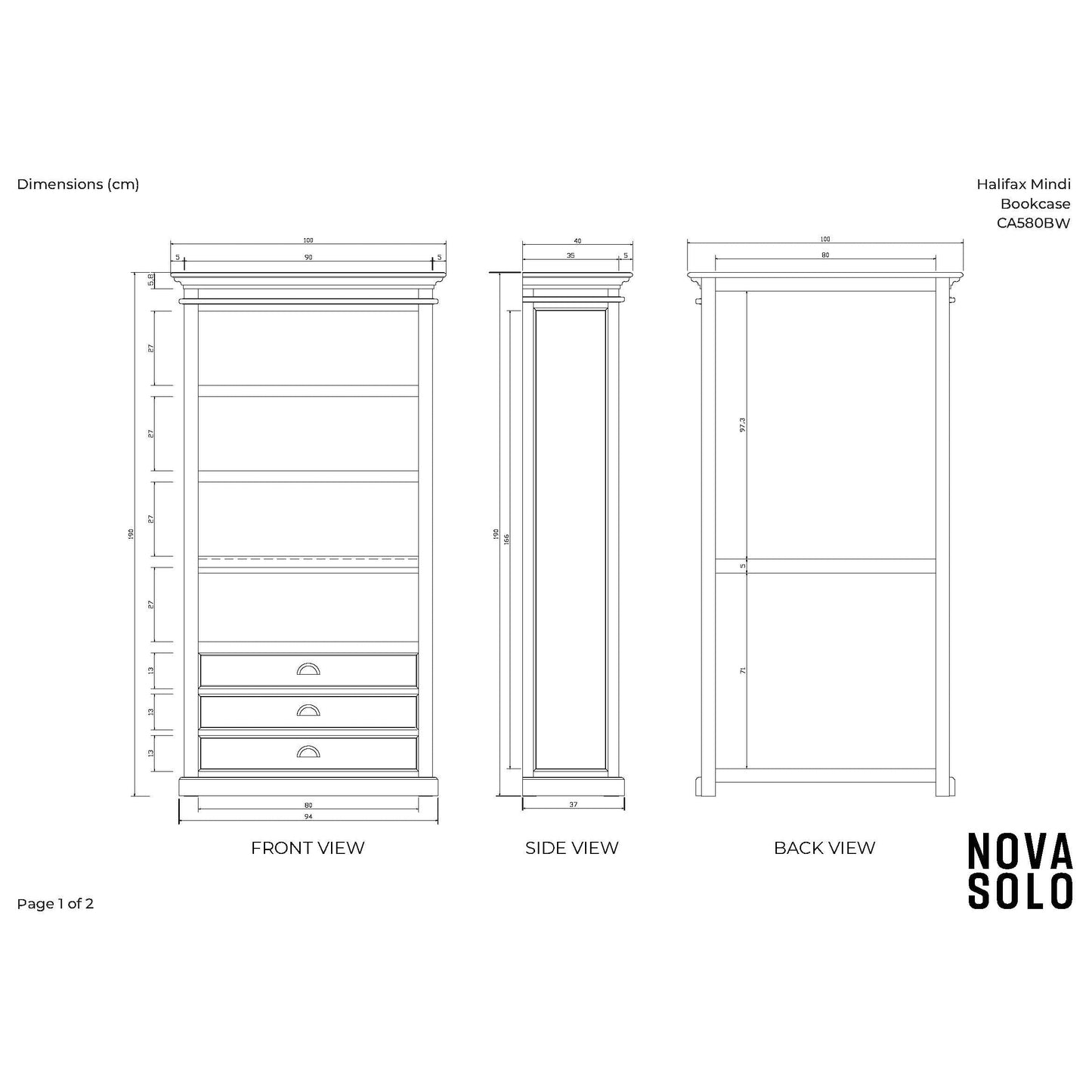 NovaSolo Halifax Mindi 39" Black Mindi Wood Book Cabinet With 3 Large Drawers