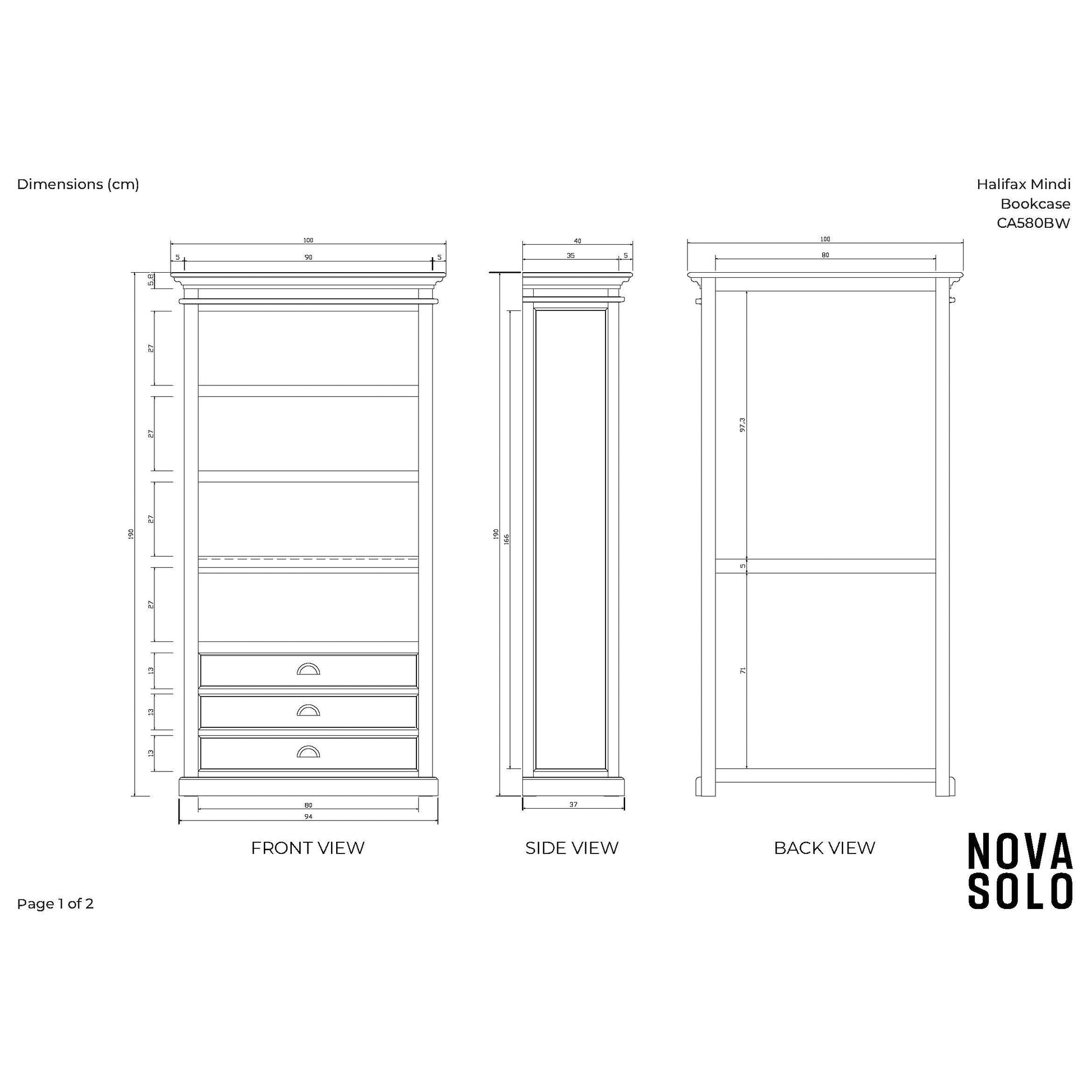 NovaSolo Halifax Mindi 39" Black Mindi Wood Book Cabinet With 3 Large Drawers