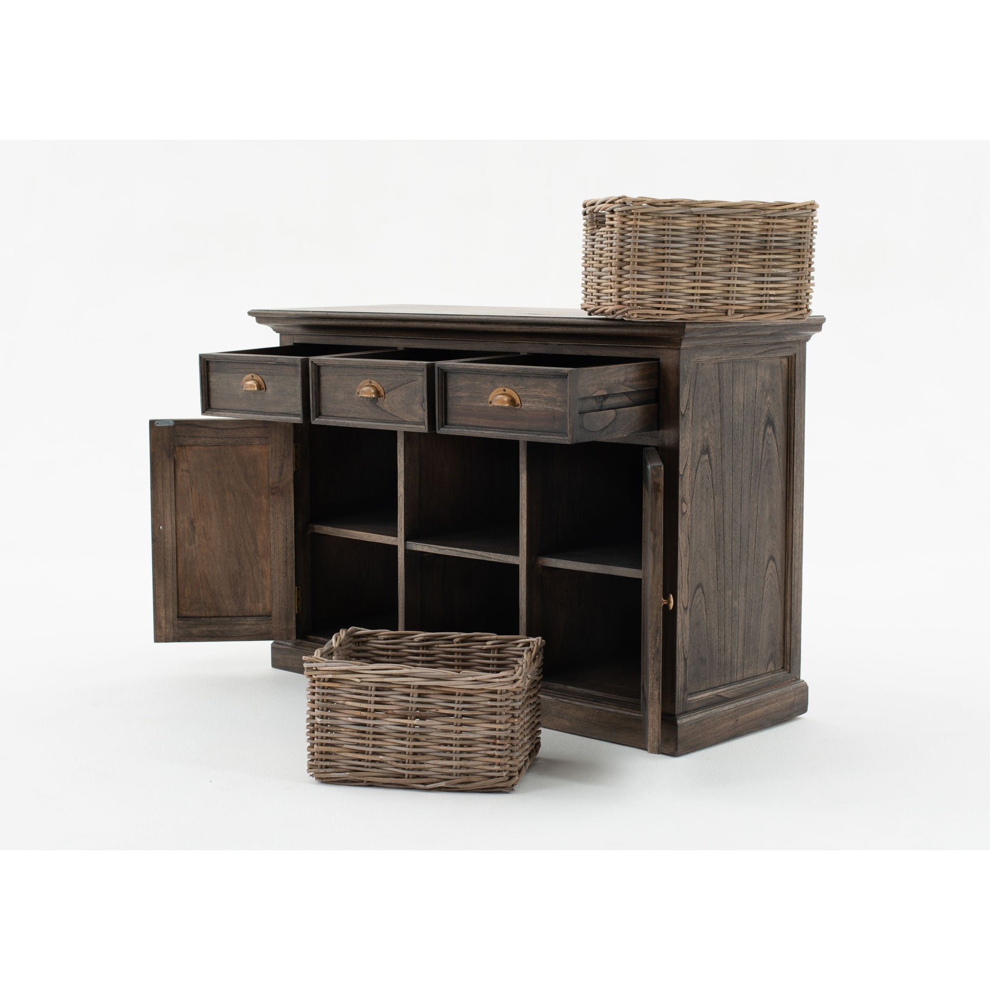 NovaSolo Halifax Mindi 49" Black Mindi Wood Buffet With 3 Drawers & 2 Rattan Baskets